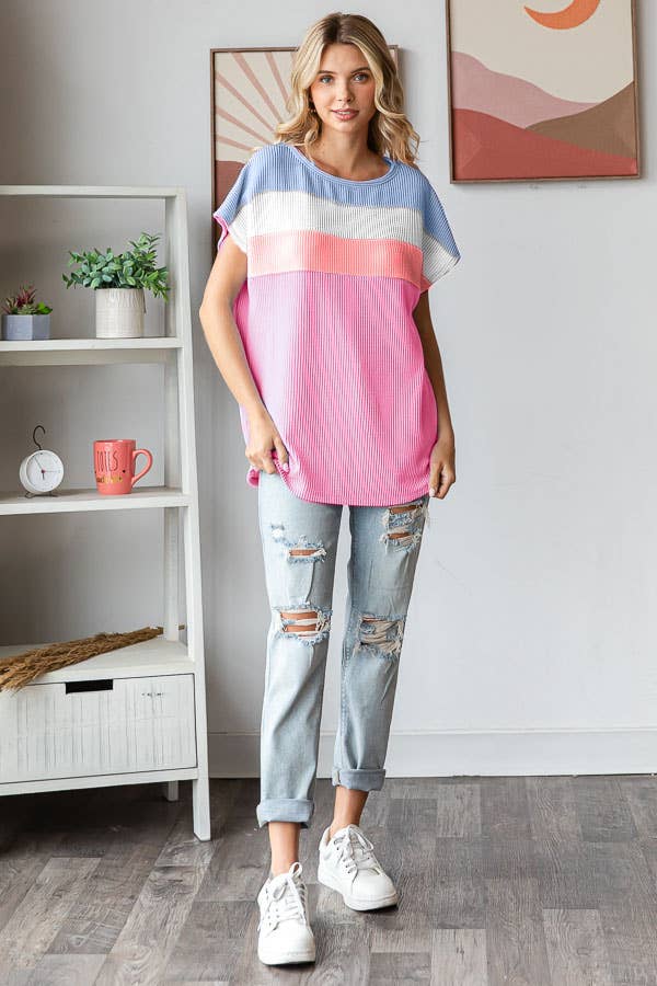 Pink Waffle Knit Colorblock Top