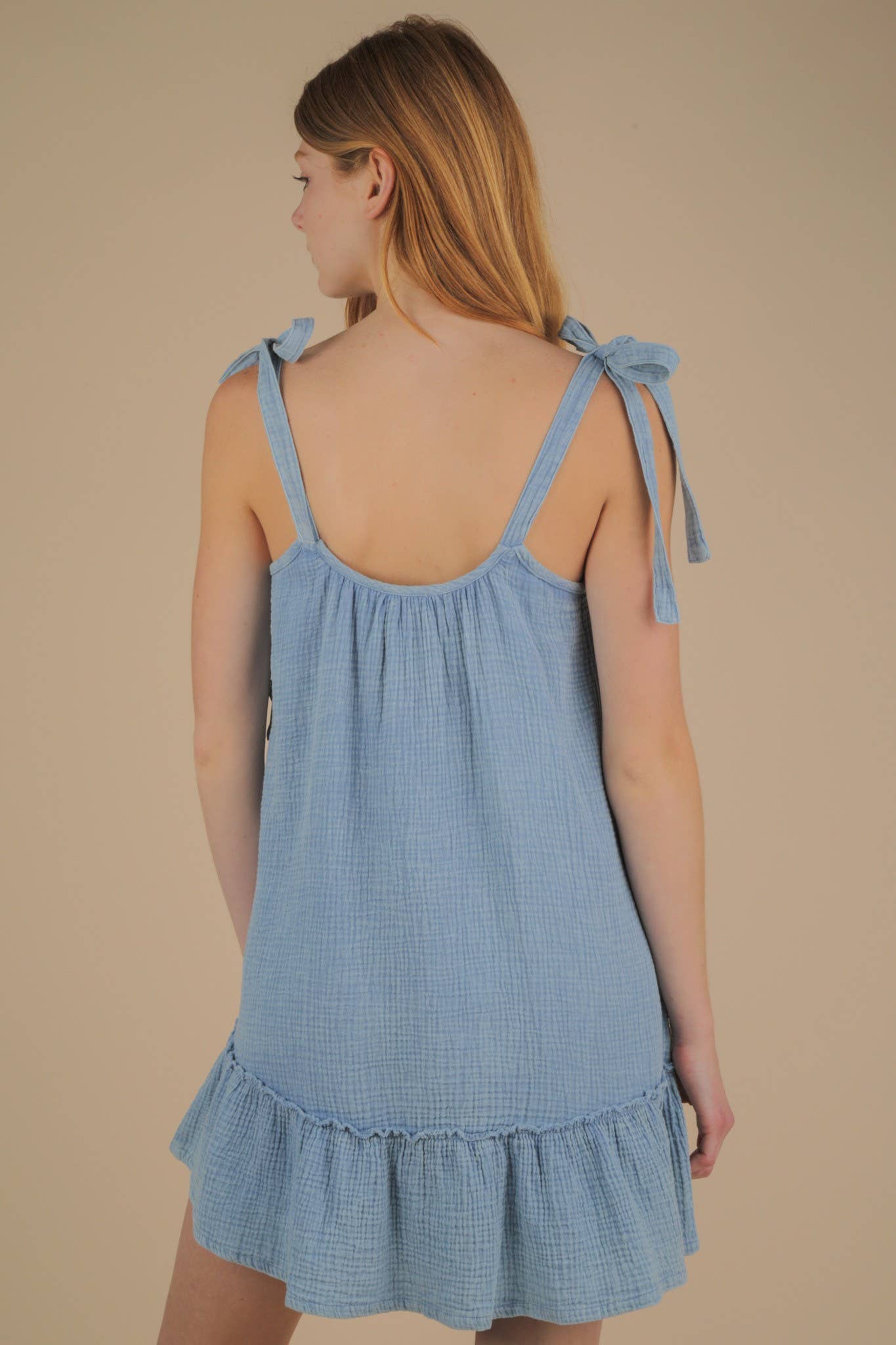 Mineral Washed Shoulder Tie Mini Dress