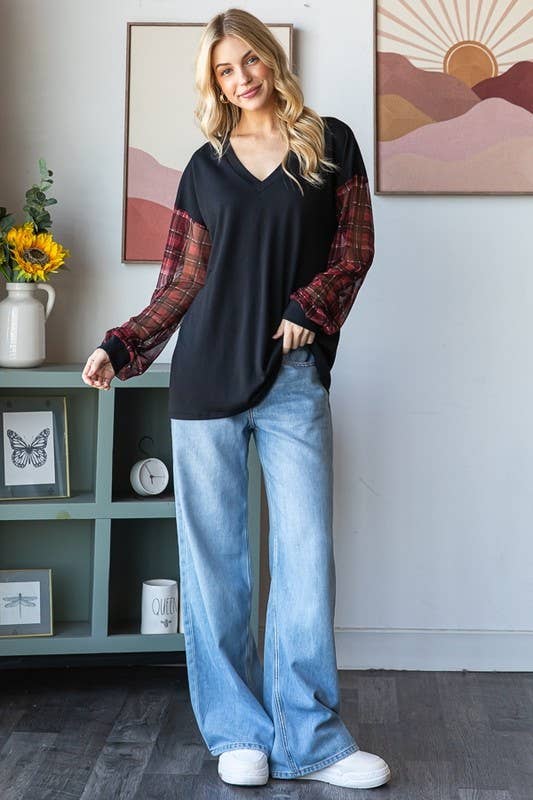Sheer Plaid Sleeve Top