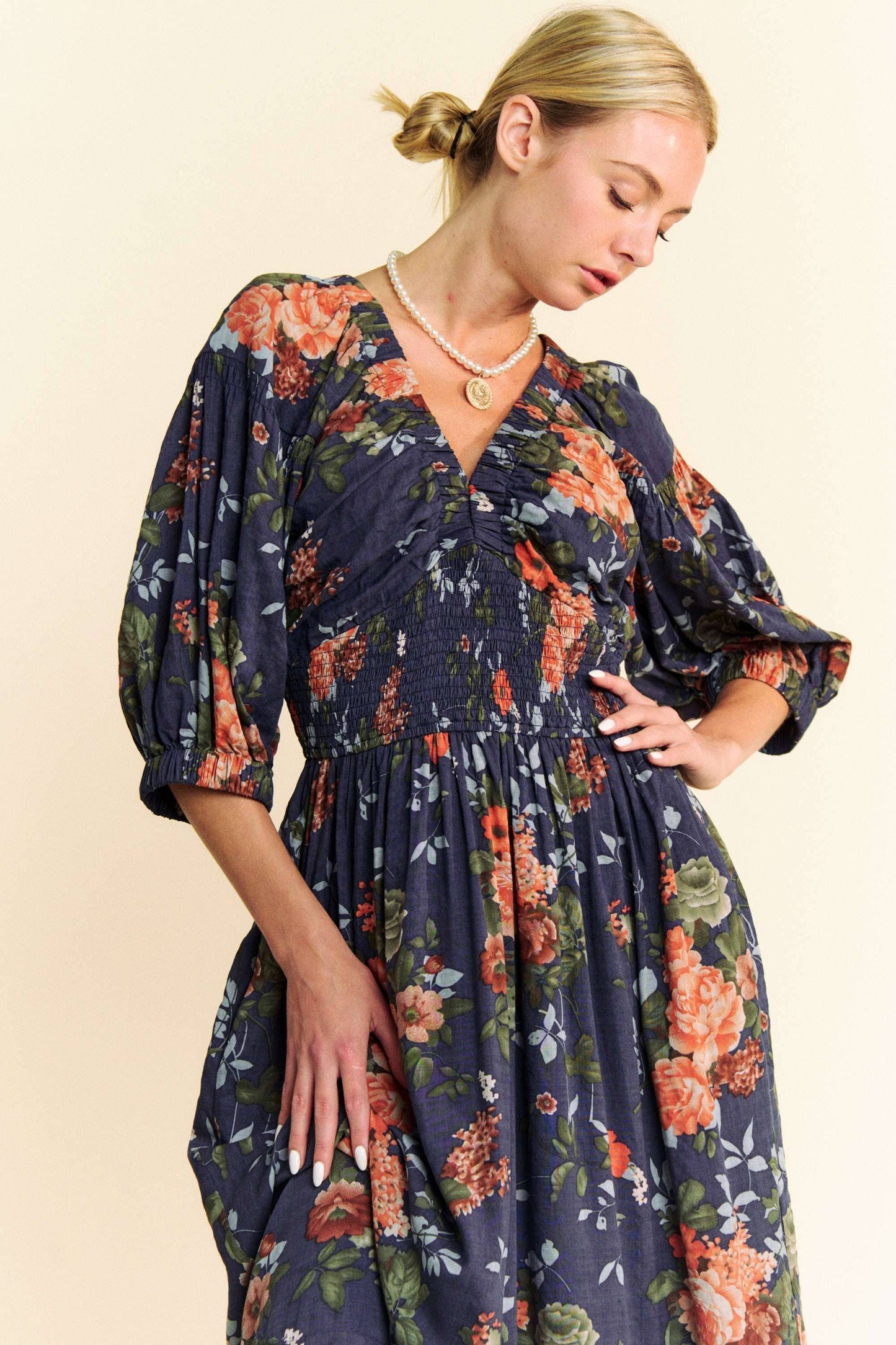 Floral Printed Smocked Waist Maxi Dress