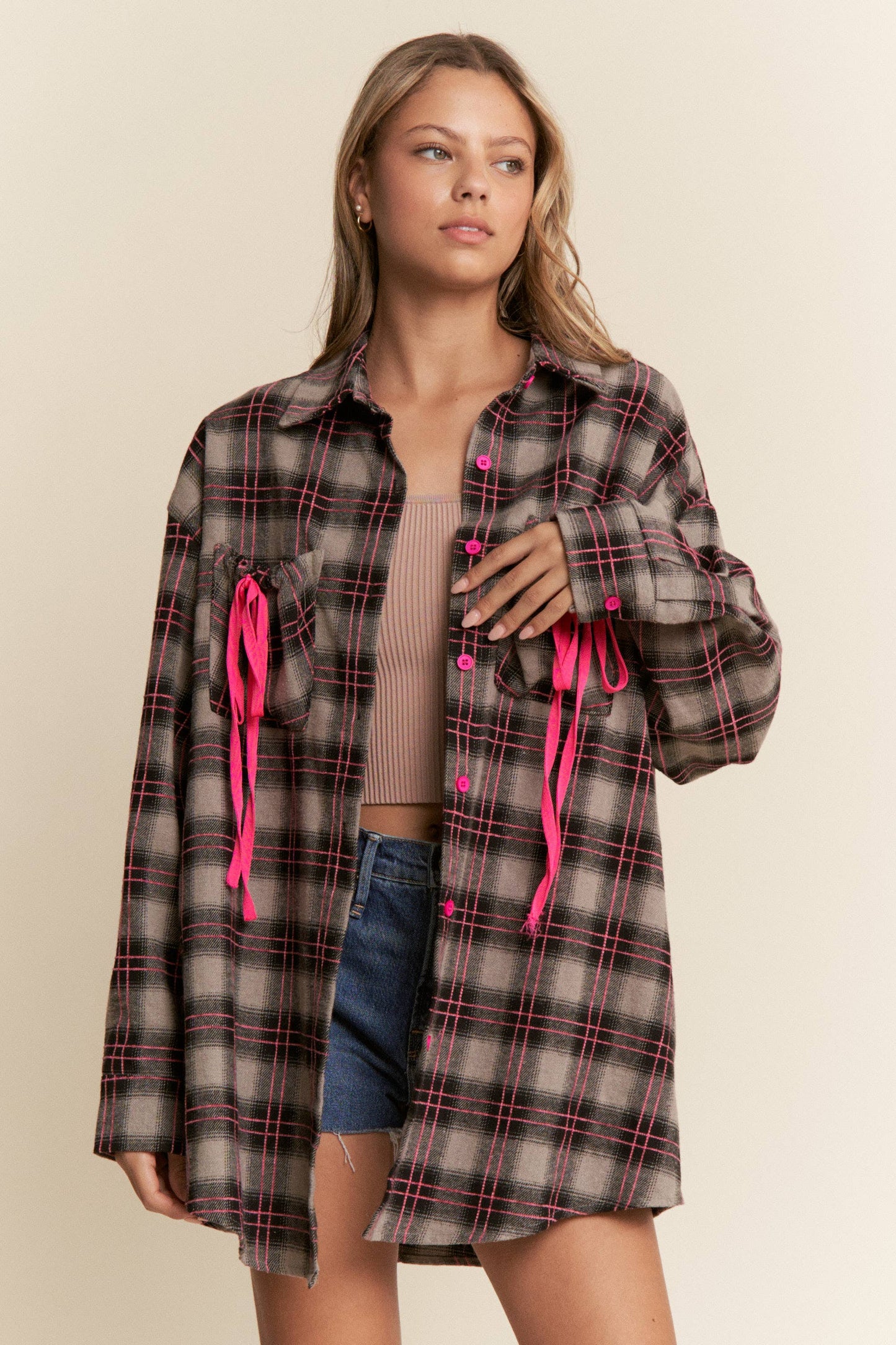 Ruched Pocket Plaid Button-Down Shirt with Ribbon Detail