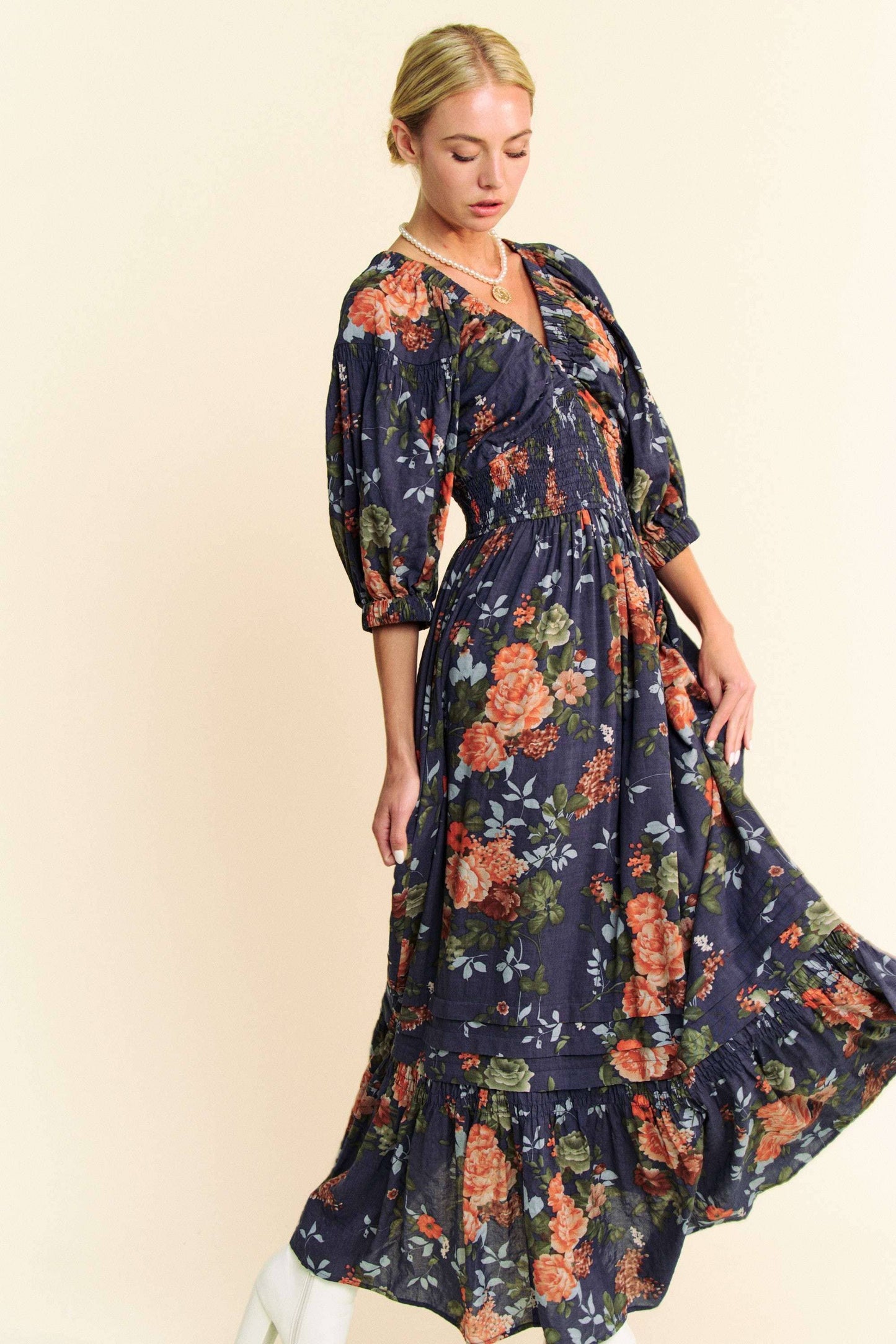 Floral Printed Smocked Waist Maxi Dress
