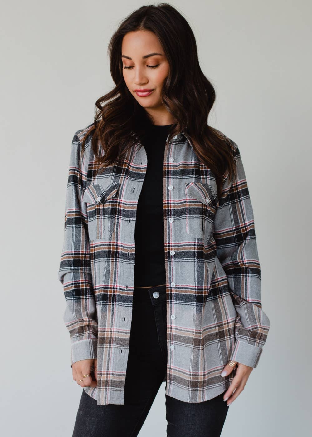 Gray, Red, Camel & Black Plaid Flannel – Bleached Dip Contrast