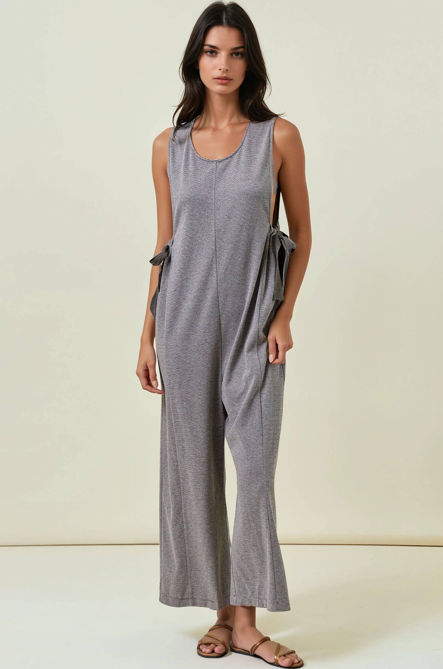 Buttery Soft Striped Knit Overalls with Side Ribbon Tie