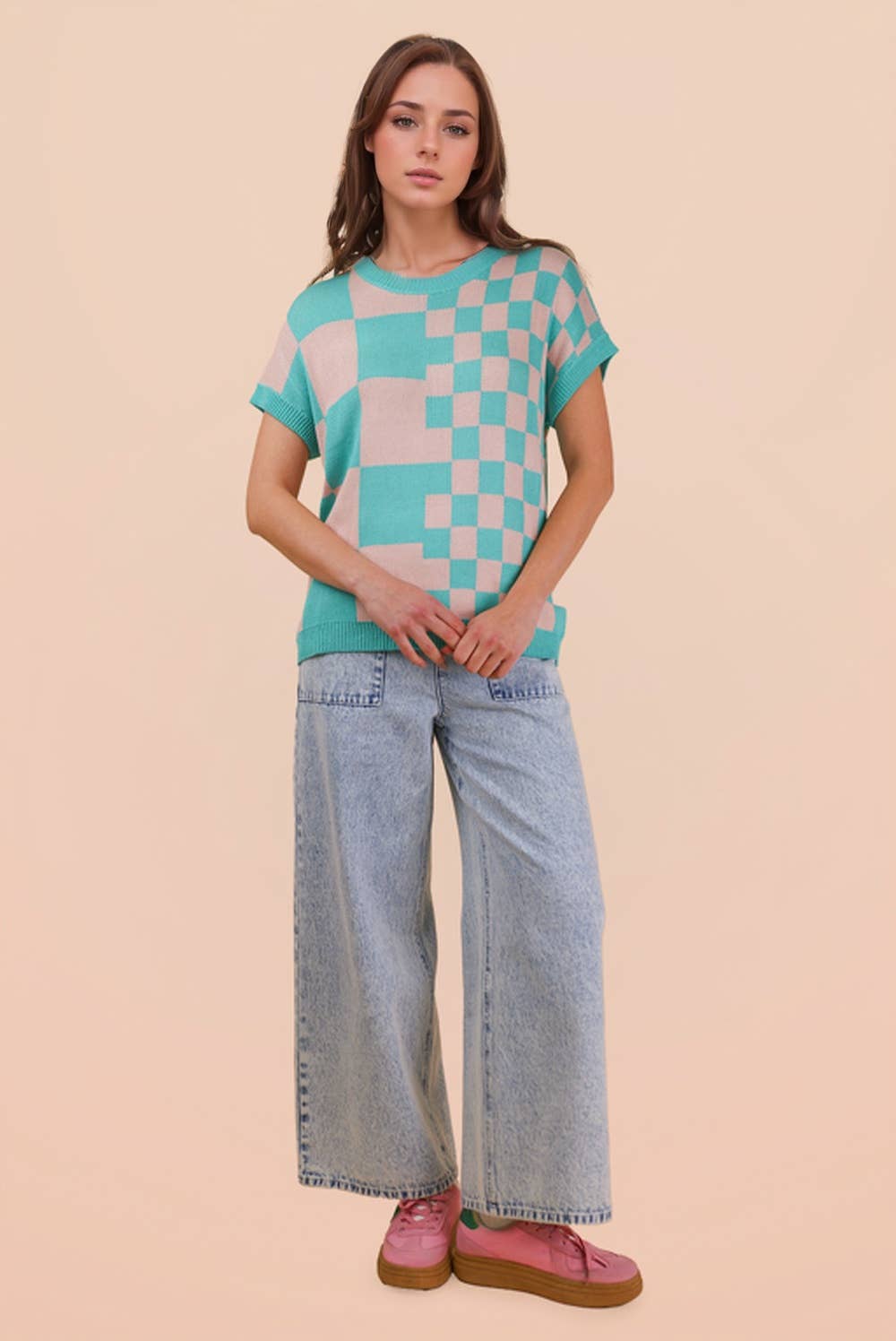 Dolman Sleeve Checkered Sweater Top