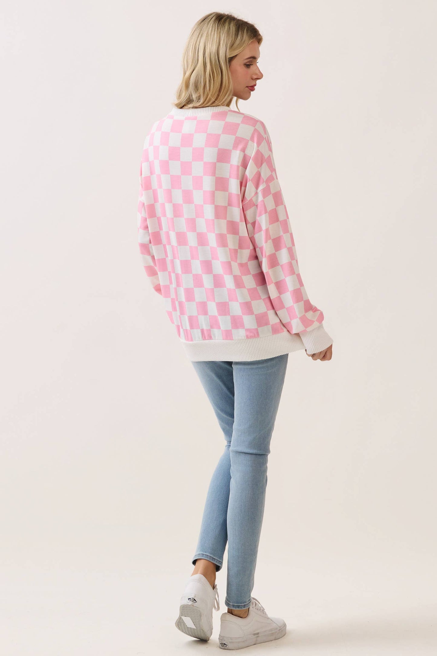 Checkered Print Drop Shoulder Pullover – Pink & White