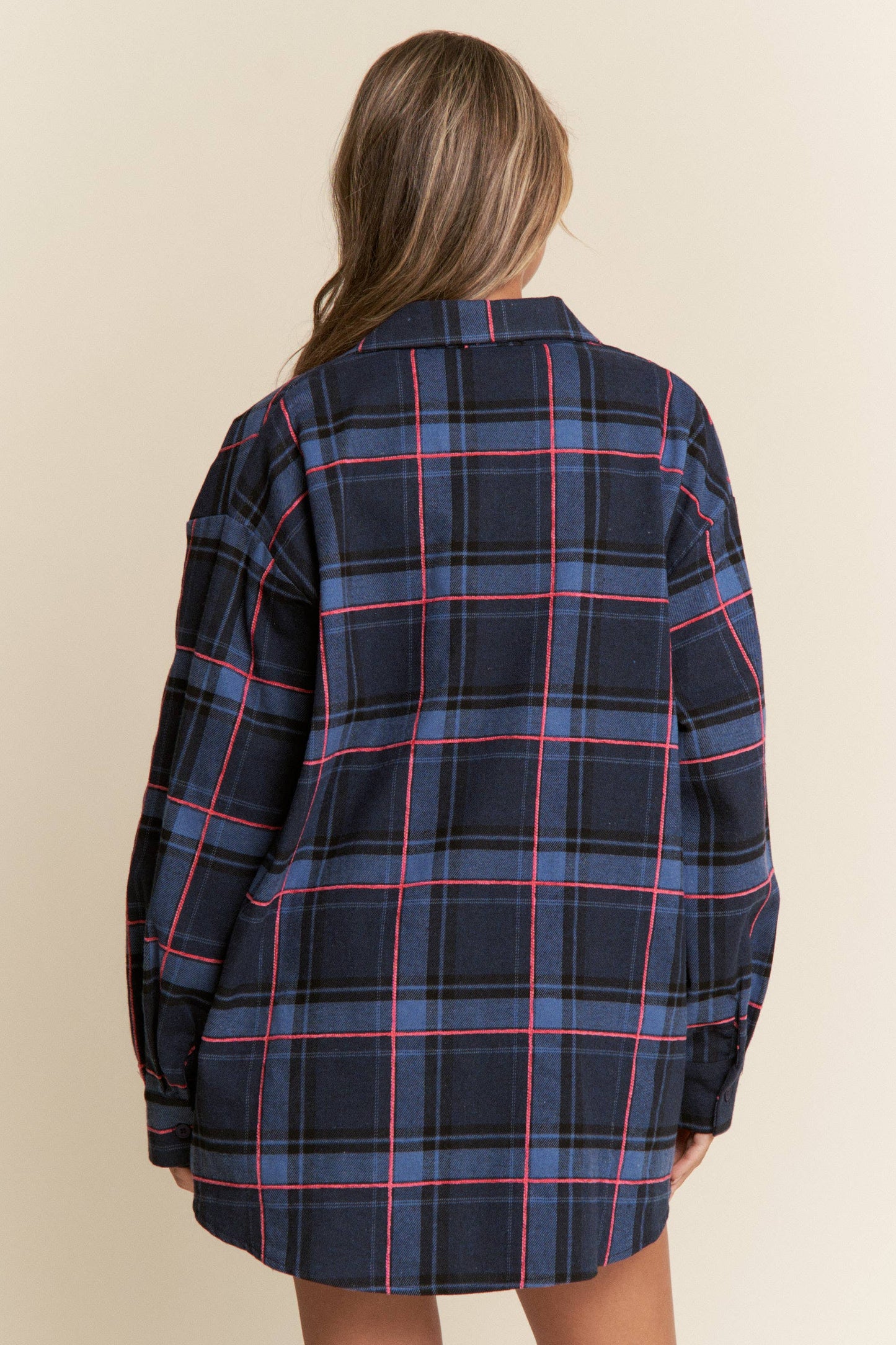 Ruched Pocket Plaid Button-Down Shirt with Ribbon Detail