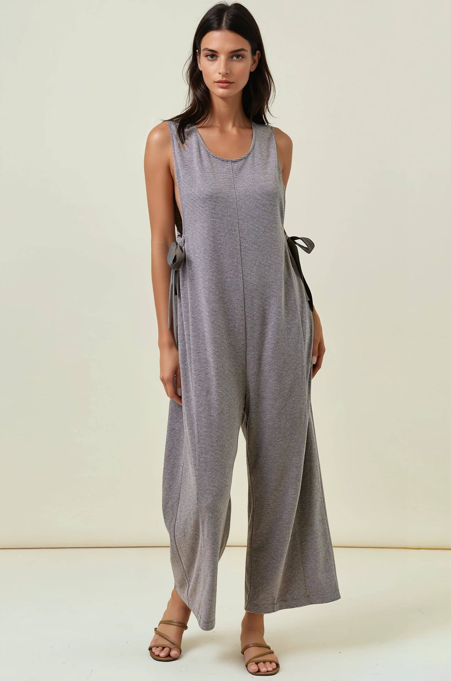 Buttery Soft Striped Knit Overalls with Side Ribbon Tie