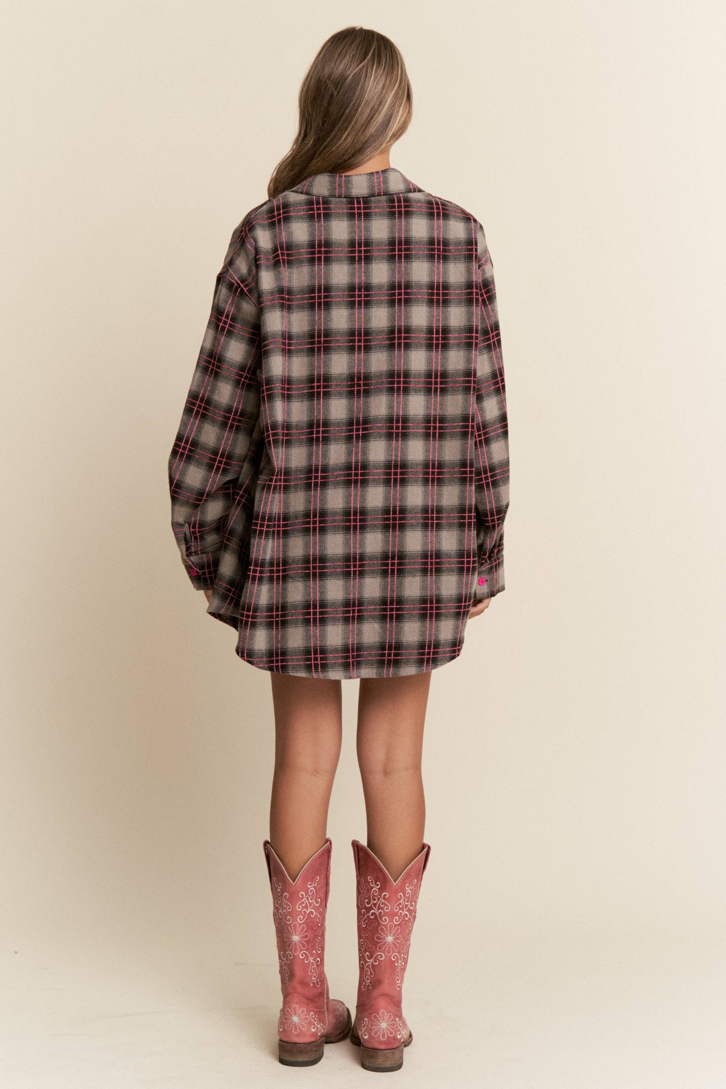 Ruched Pocket Plaid Button-Down Shirt with Ribbon Detail