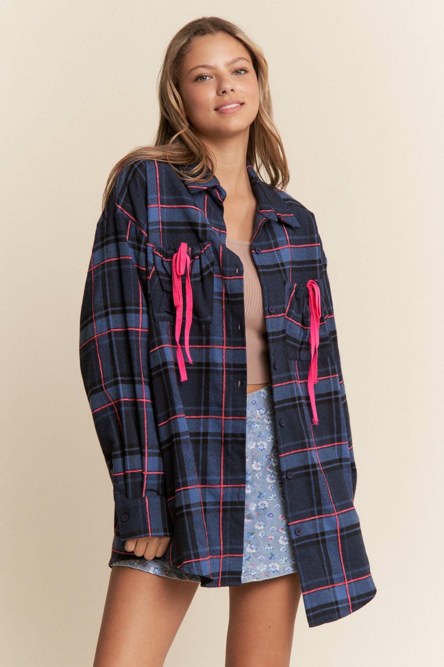 Ruched Pocket Plaid Button-Down Shirt with Ribbon Detail