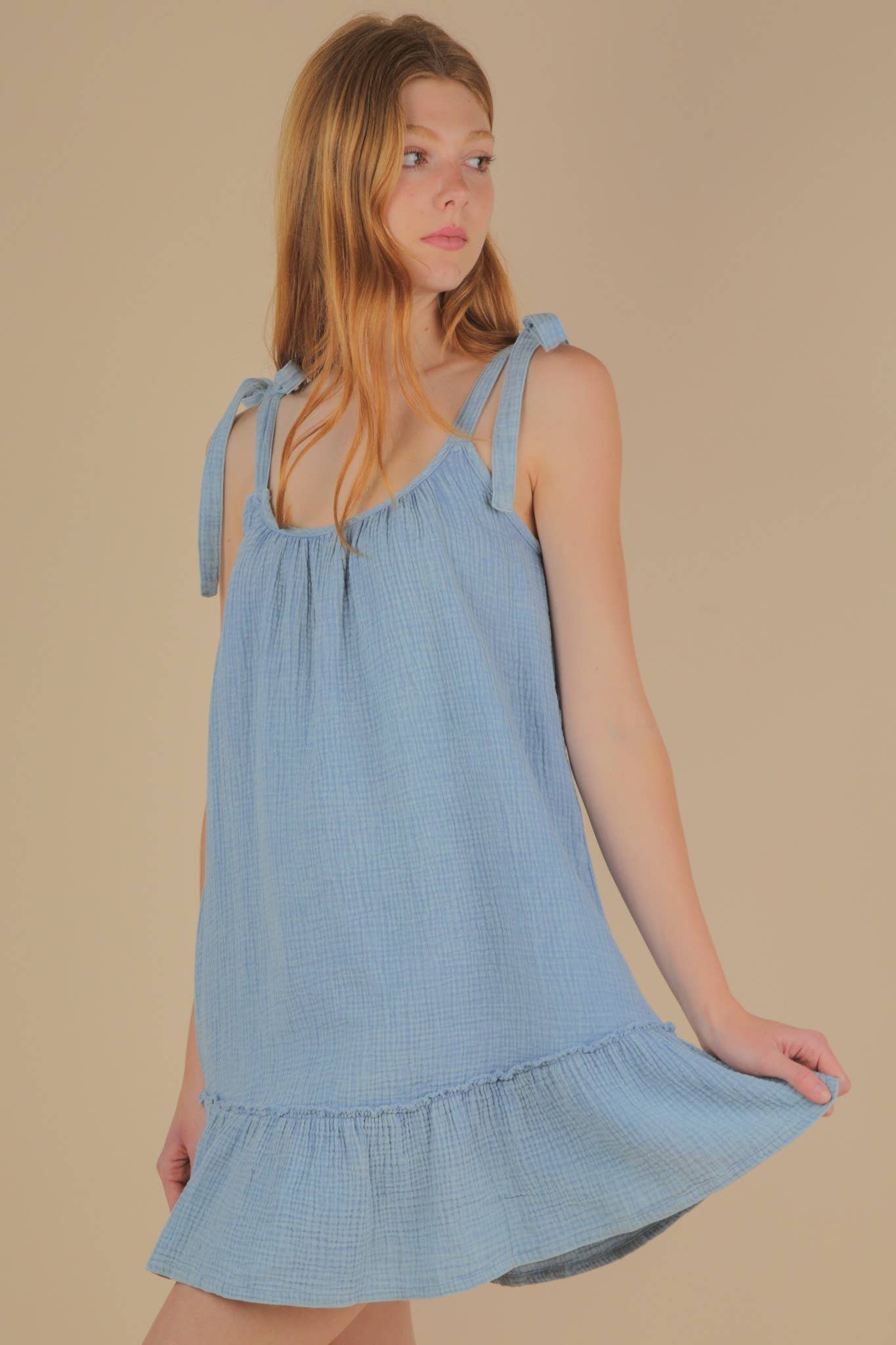 Mineral Washed Shoulder Tie Mini Dress