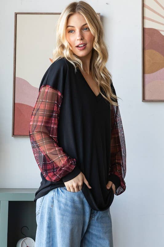 Sheer Plaid Sleeve Top