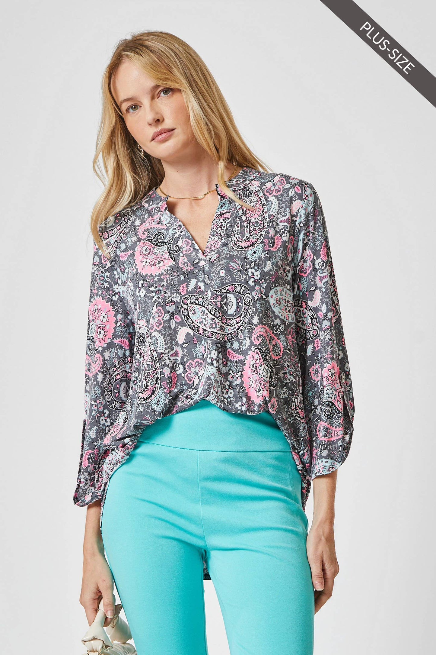 Curvy 3/4 Sleeve Paisley Wrinkle-Free Blouse