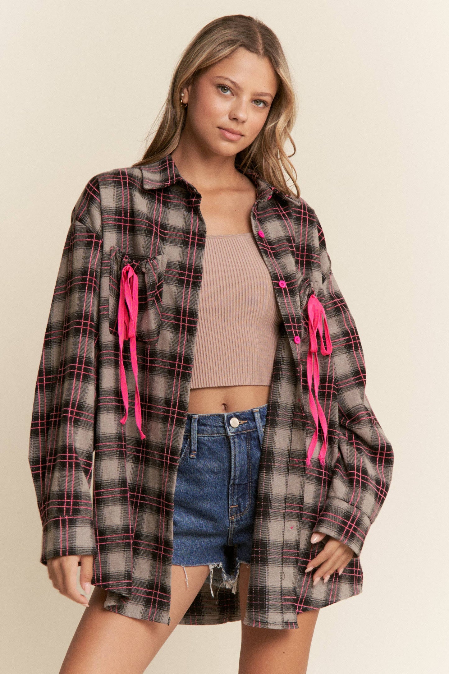 Ruched Pocket Plaid Button-Down Shirt with Ribbon Detail