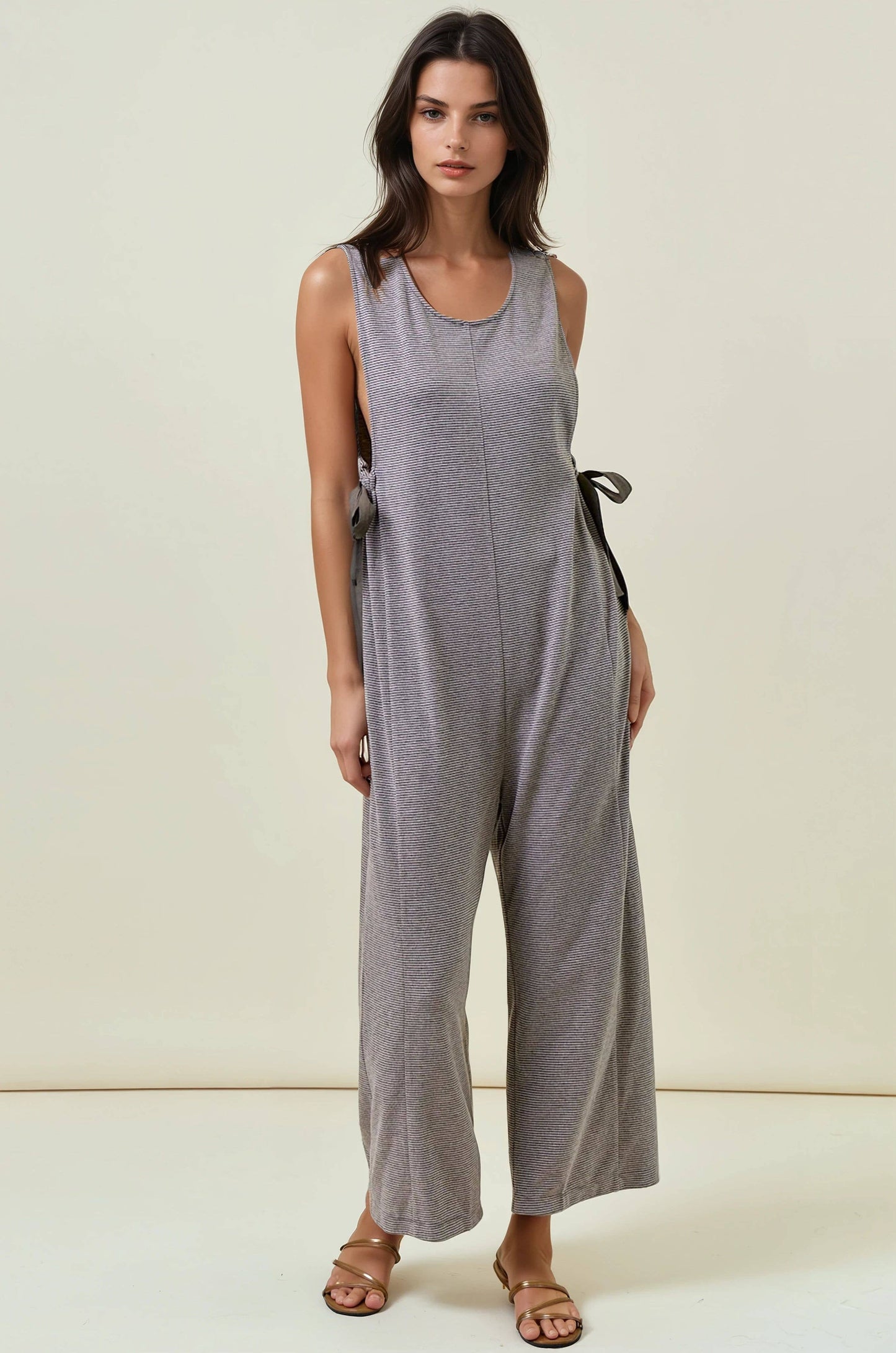 Buttery Soft Striped Knit Overalls with Side Ribbon Tie