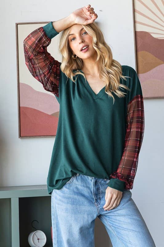 Sheer Plaid Sleeve Top
