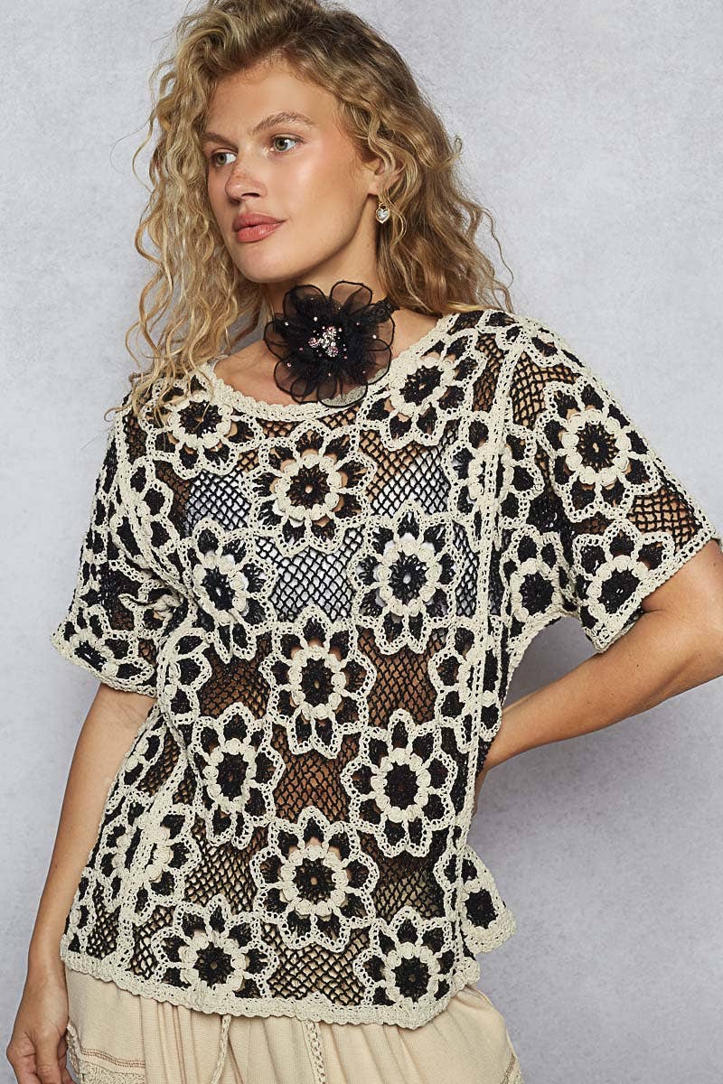 Short Sleeve Crochet Knit Top
