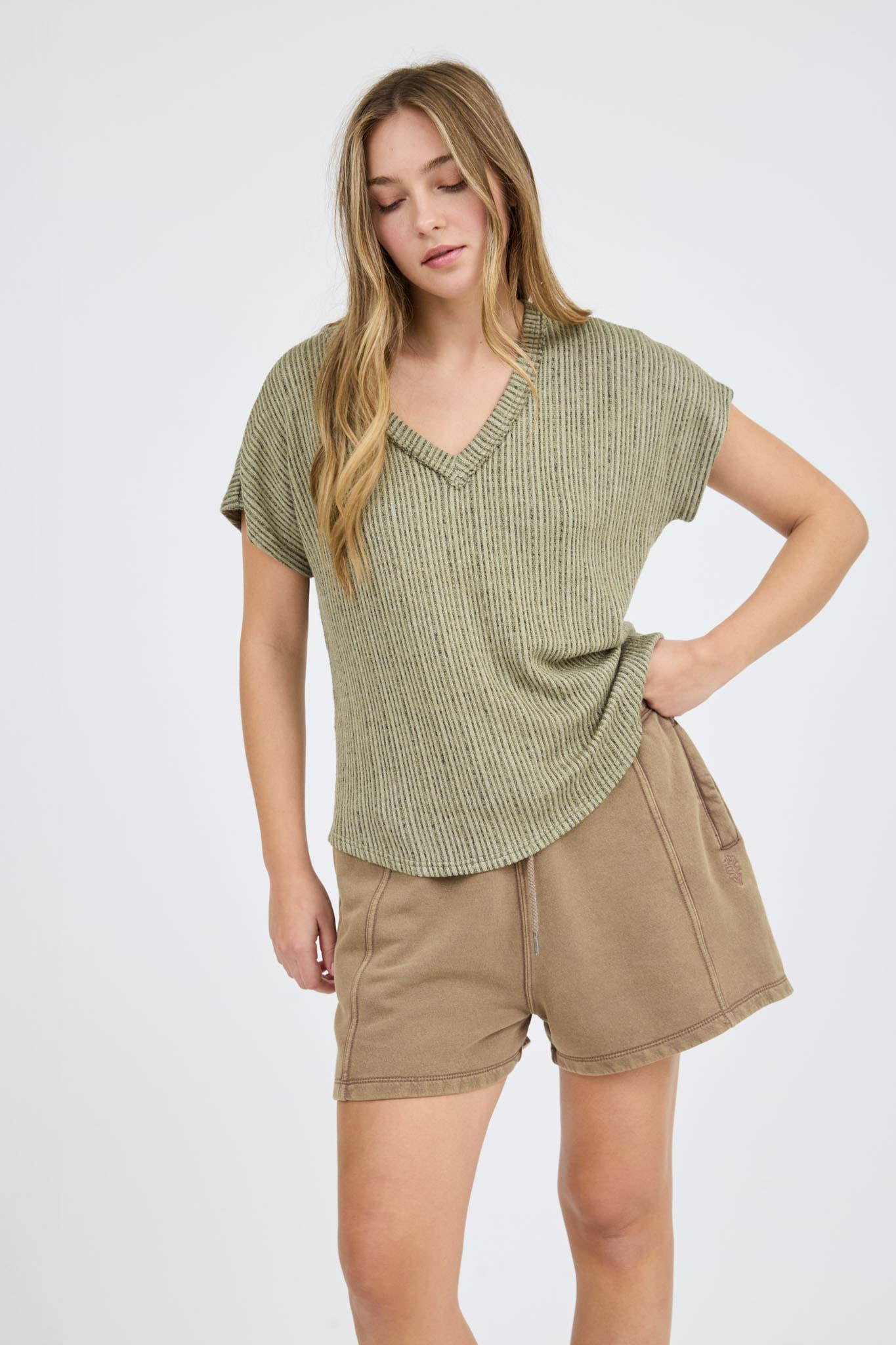 V-Neck Short Sleeve Ribbed Knit Top