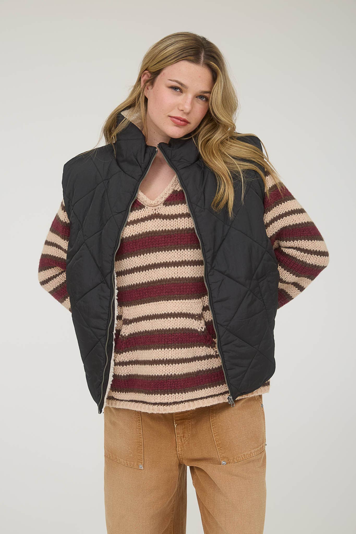 Zip-Up High Collar Quilted Fleece-Lined Puffer Vest