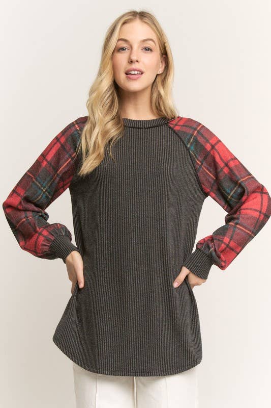 Grey Urban Ribbed Top with Red Plaid Contrast Sleeve 🩶❤️