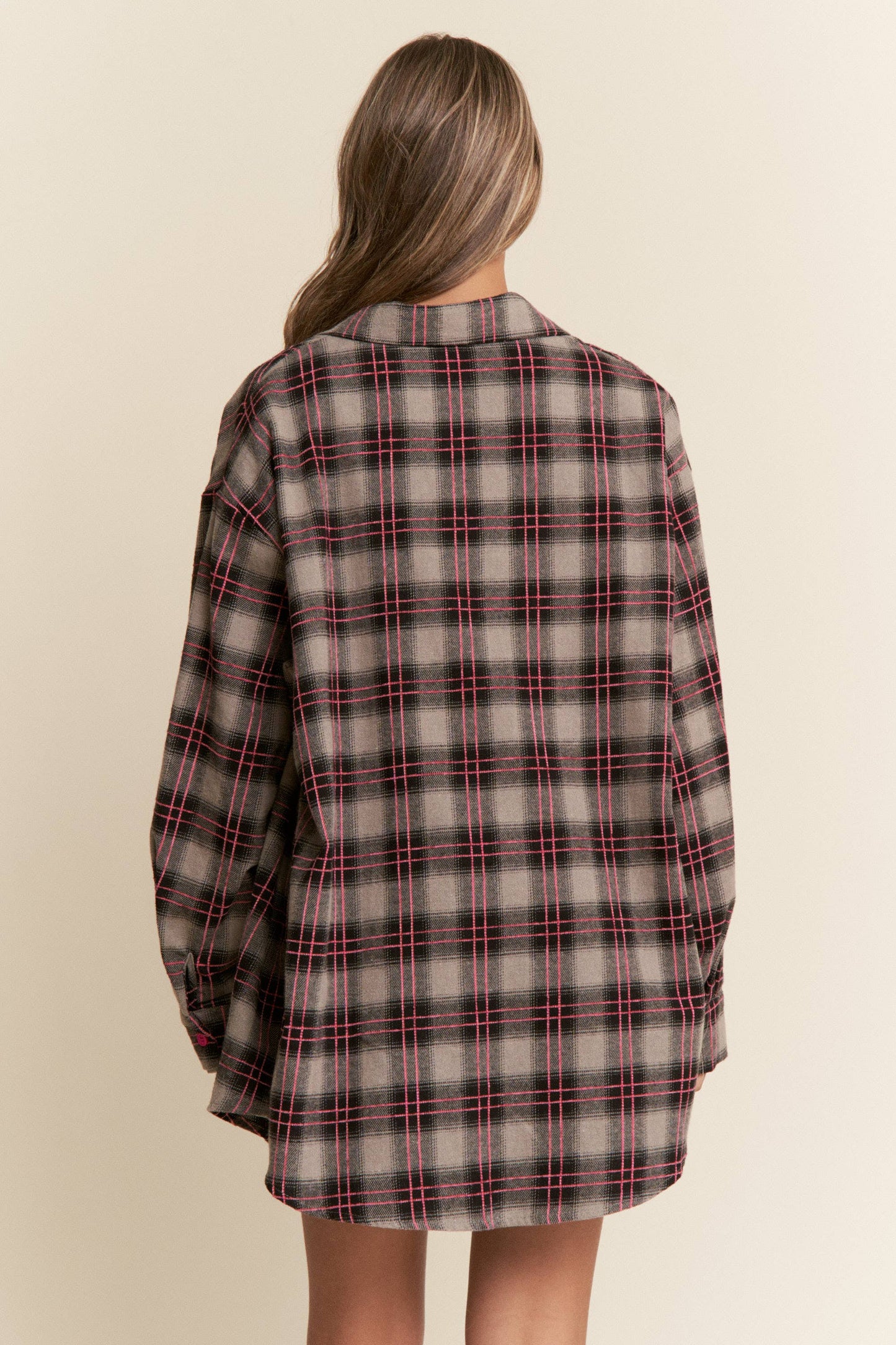 Ruched Pocket Plaid Button-Down Shirt with Ribbon Detail