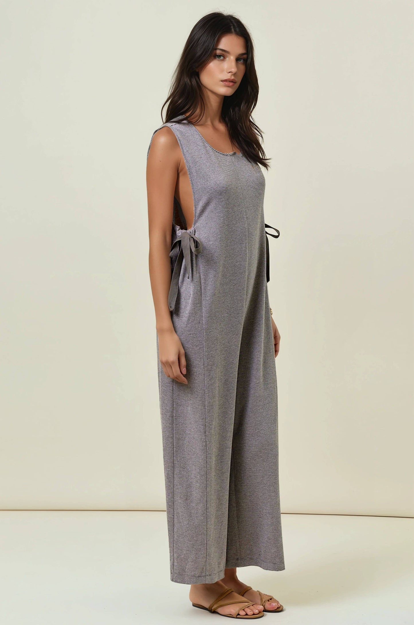 Buttery Soft Striped Knit Overalls with Side Ribbon Tie
