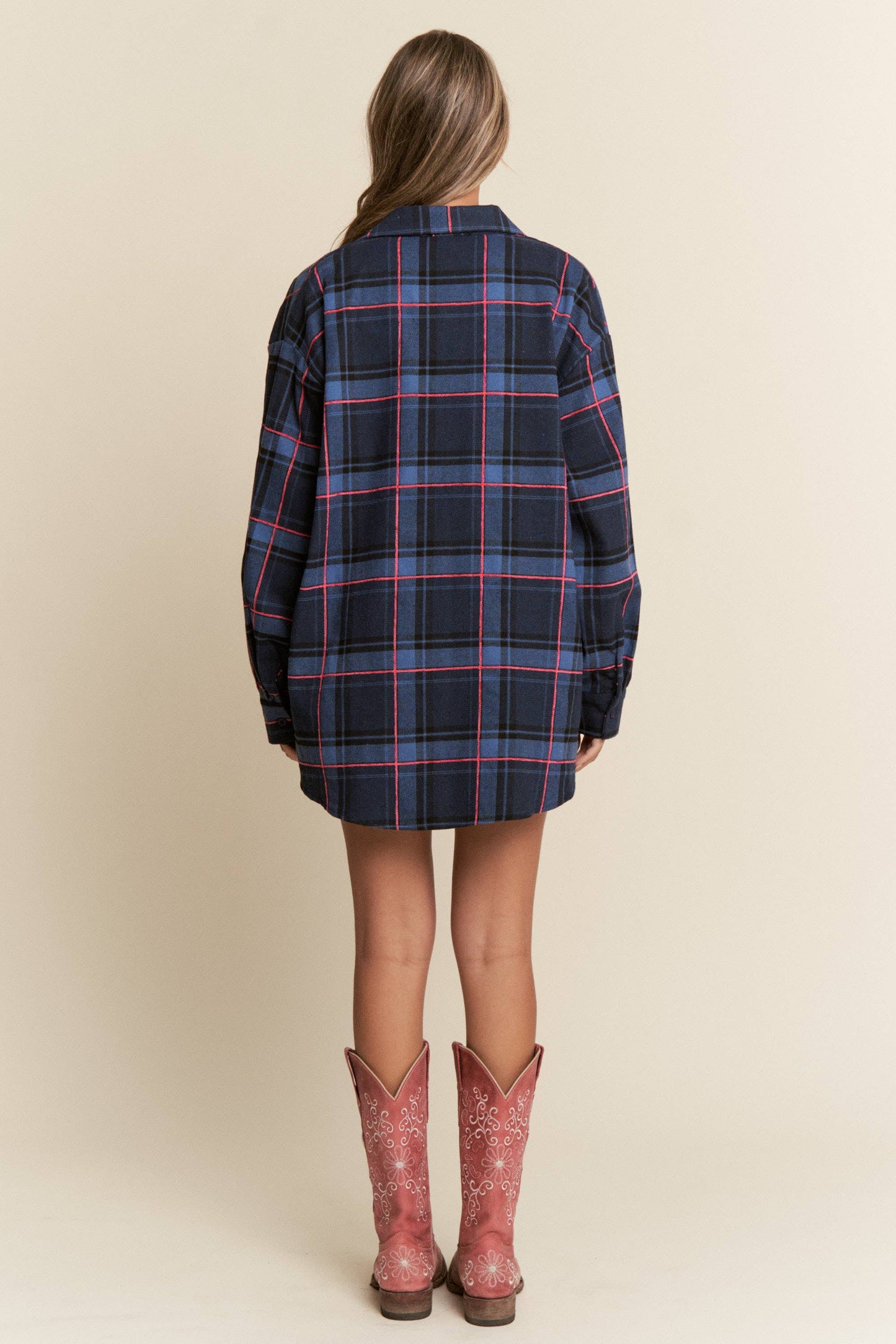 Ruched Pocket Plaid Button-Down Shirt with Ribbon Detail