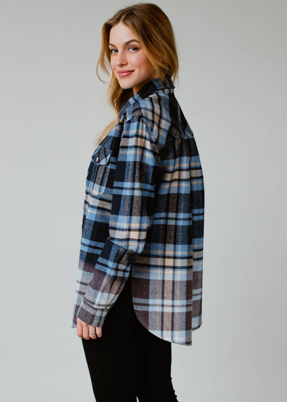 Navy, Tan & Light Blue Plaid Flannel – Bleached Dip Contrast
