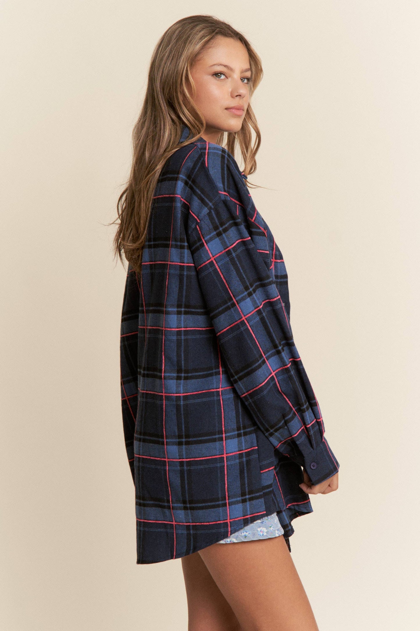 Ruched Pocket Plaid Button-Down Shirt with Ribbon Detail