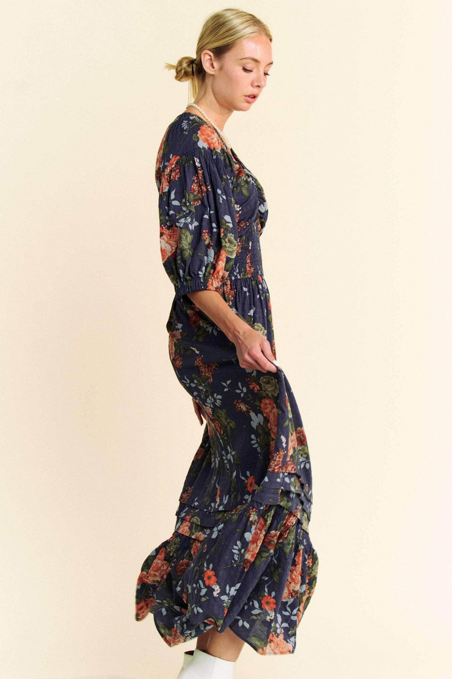 Floral Printed Smocked Waist Maxi Dress