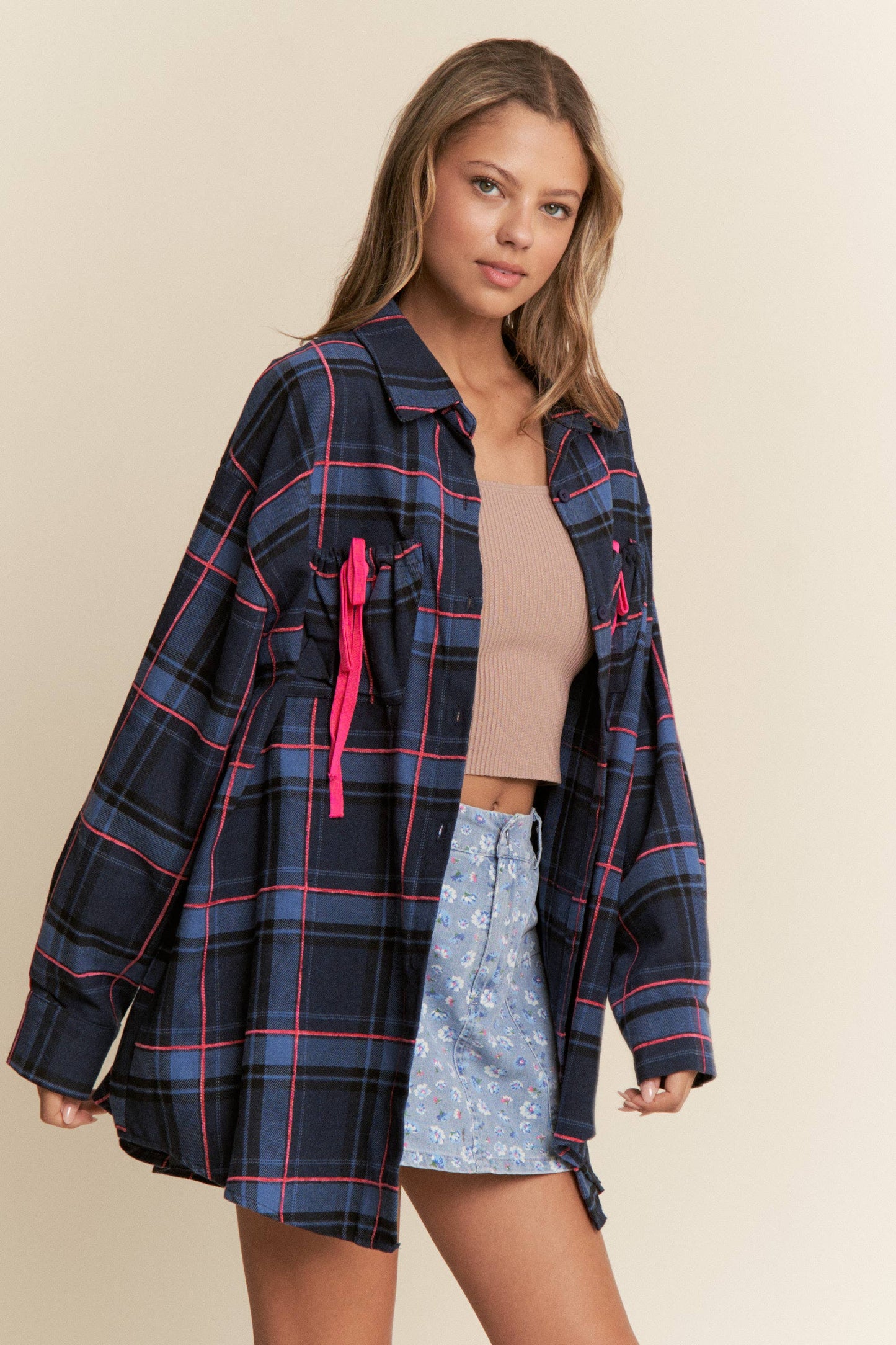 Ruched Pocket Plaid Button-Down Shirt with Ribbon Detail
