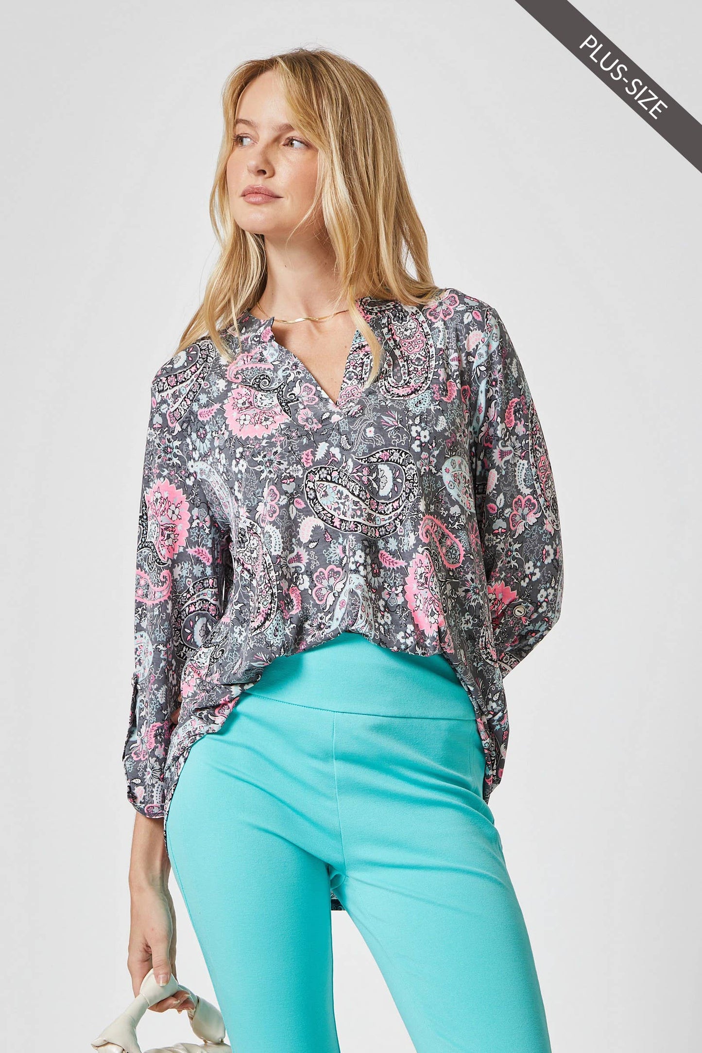 Curvy 3/4 Sleeve Paisley Wrinkle-Free Blouse