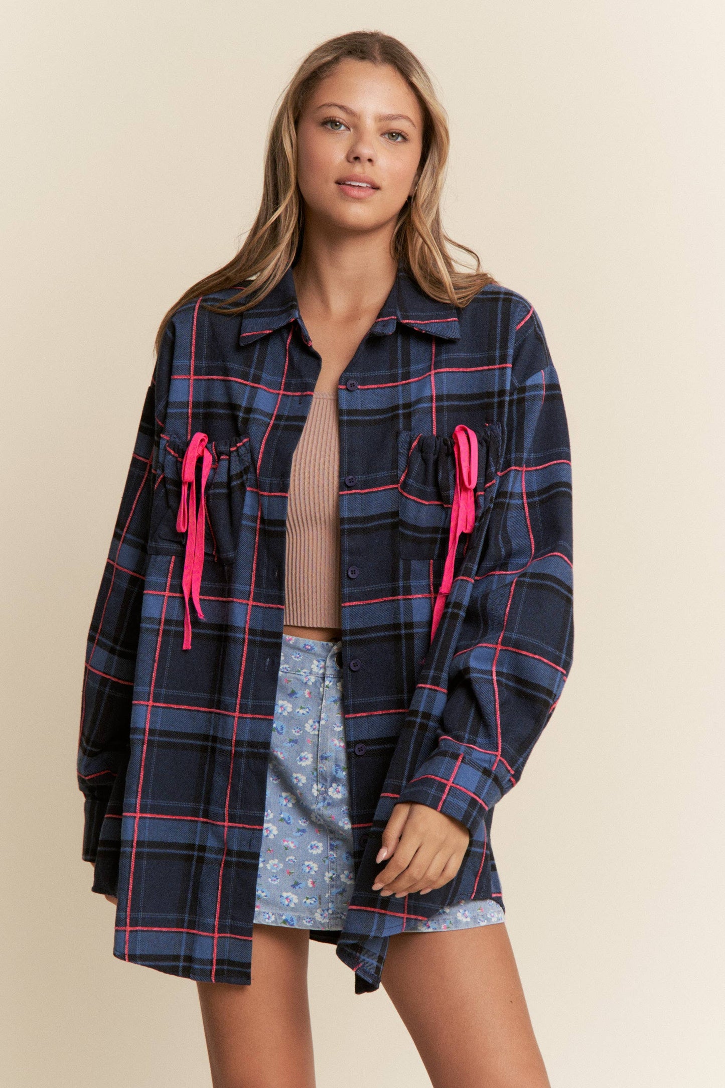 Ruched Pocket Plaid Button-Down Shirt with Ribbon Detail