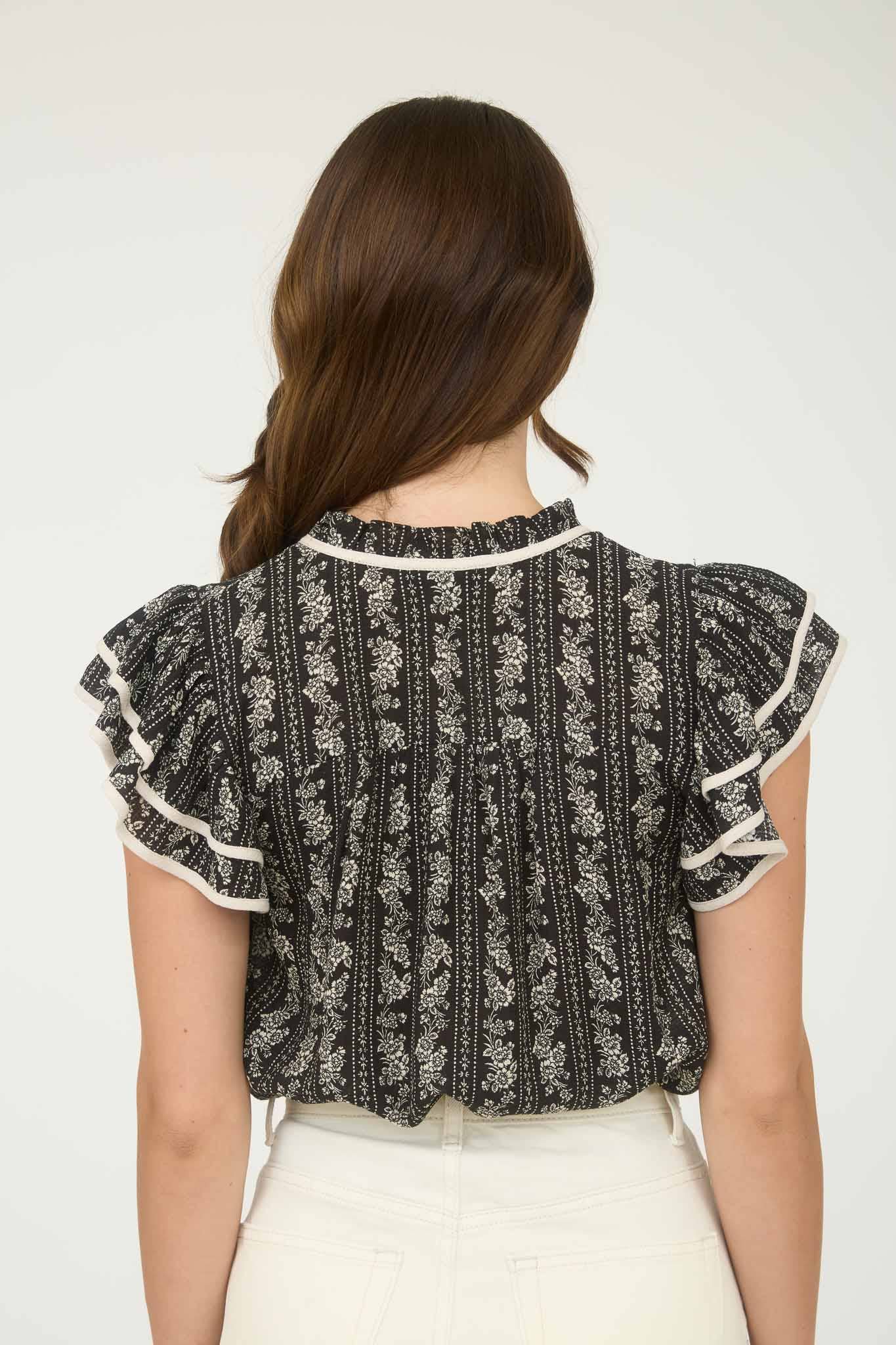 V-Neck Short Ruffle Layered Sleeve Woven Top
