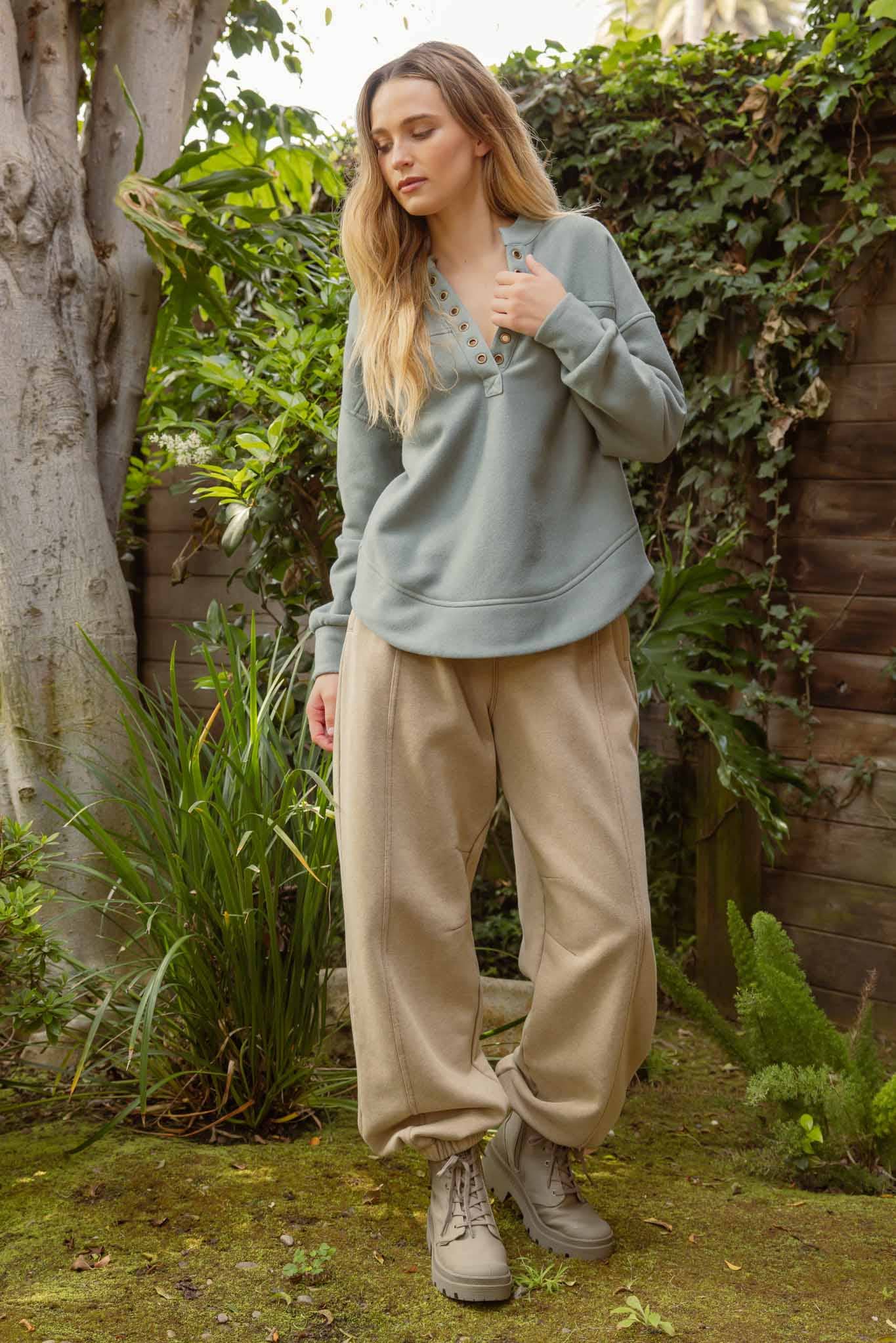 Spliced Long Sleeve Sweatshirt with Grommet Detail