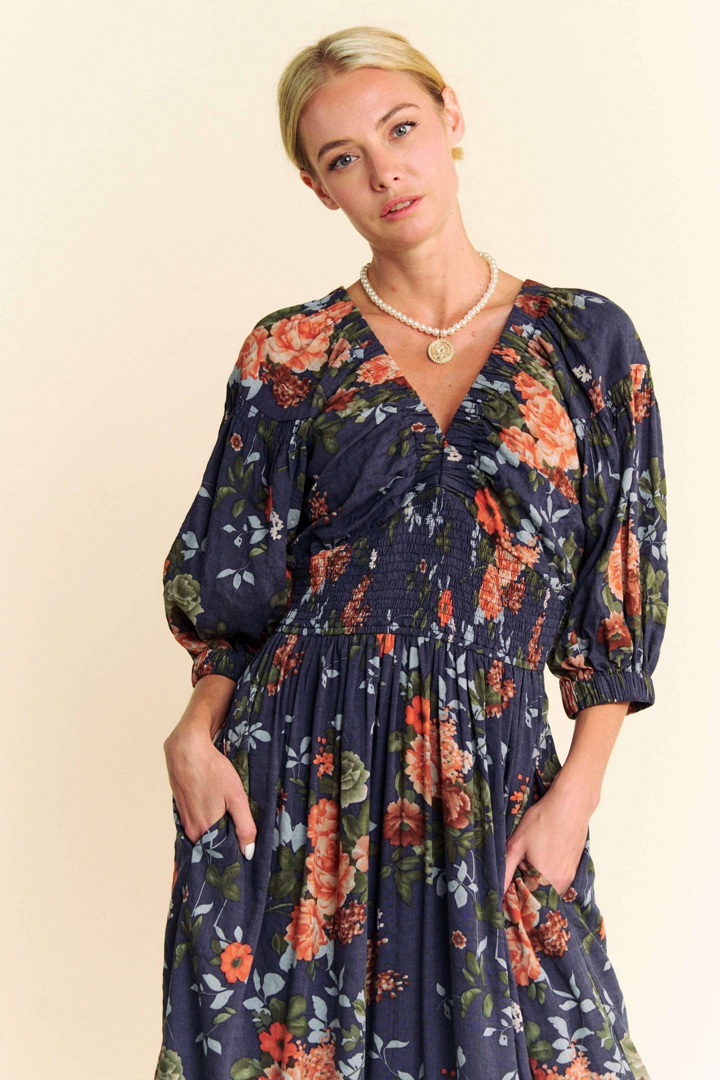 Floral Printed Smocked Waist Maxi Dress