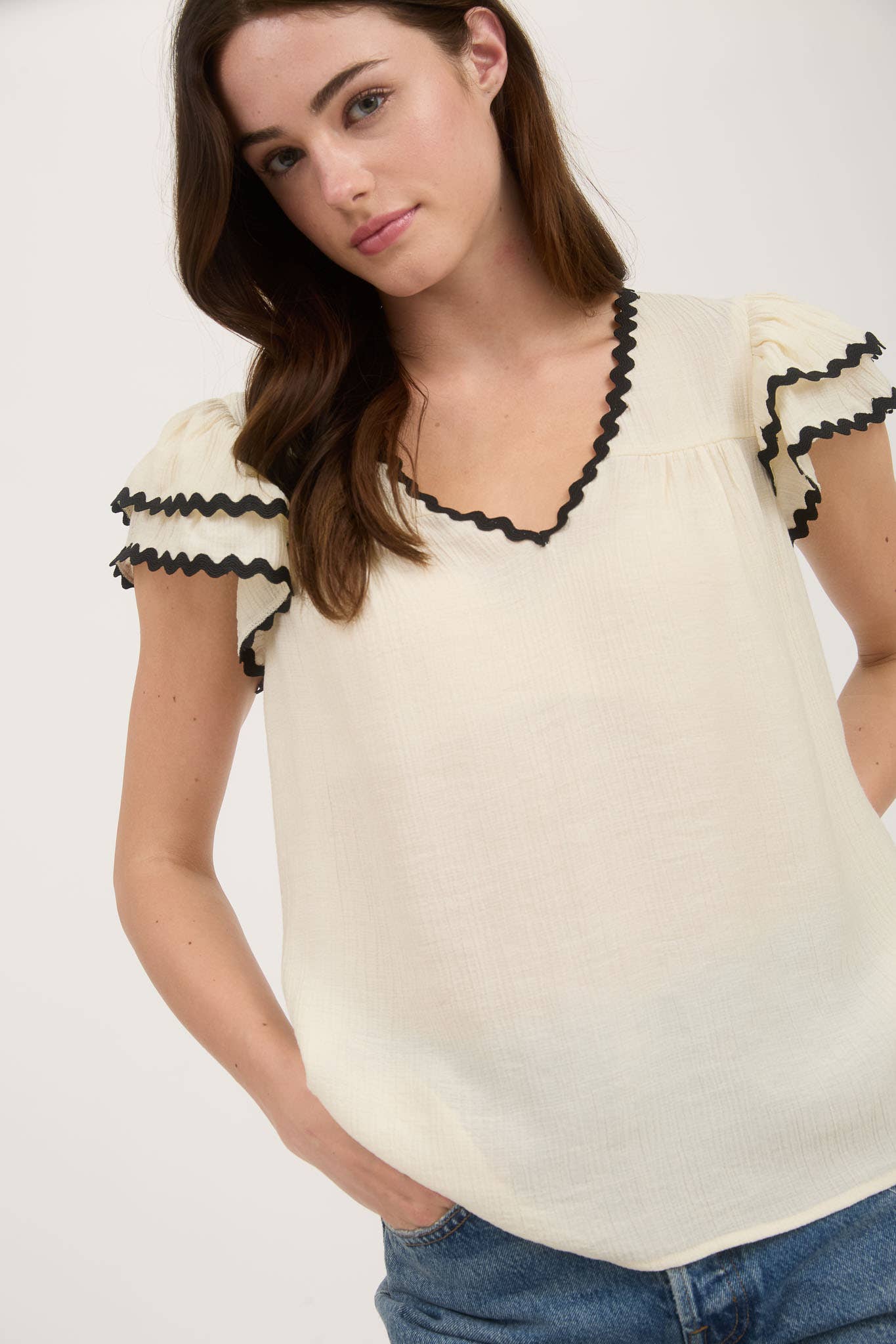 Woven Top with Short Layered Ruffle Sleeves