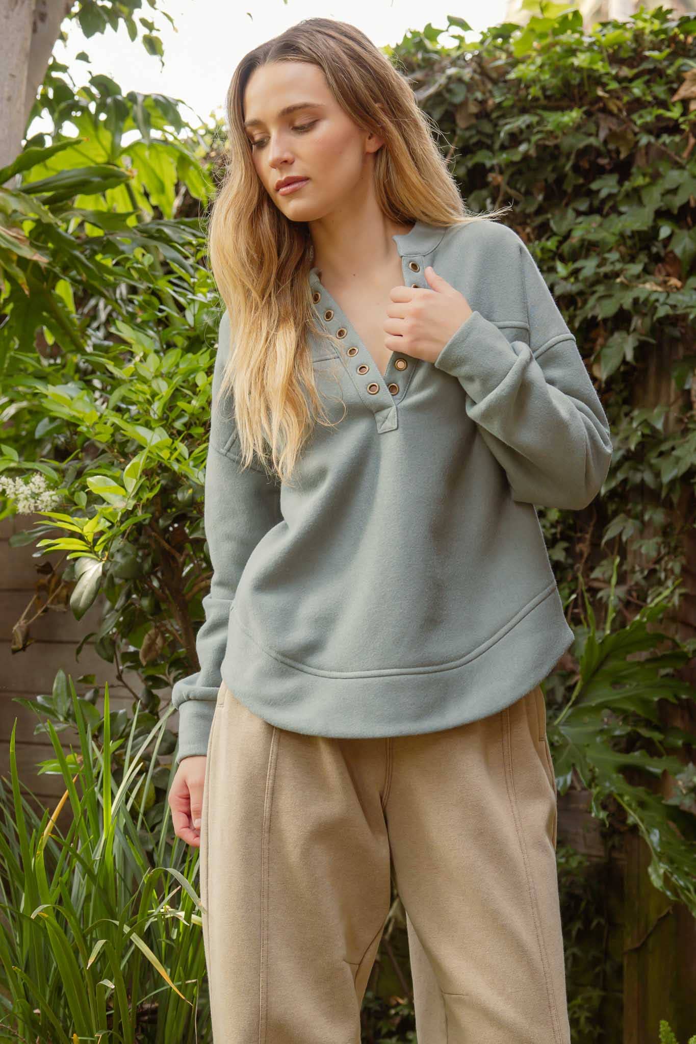 Spliced Long Sleeve Sweatshirt with Grommet Detail