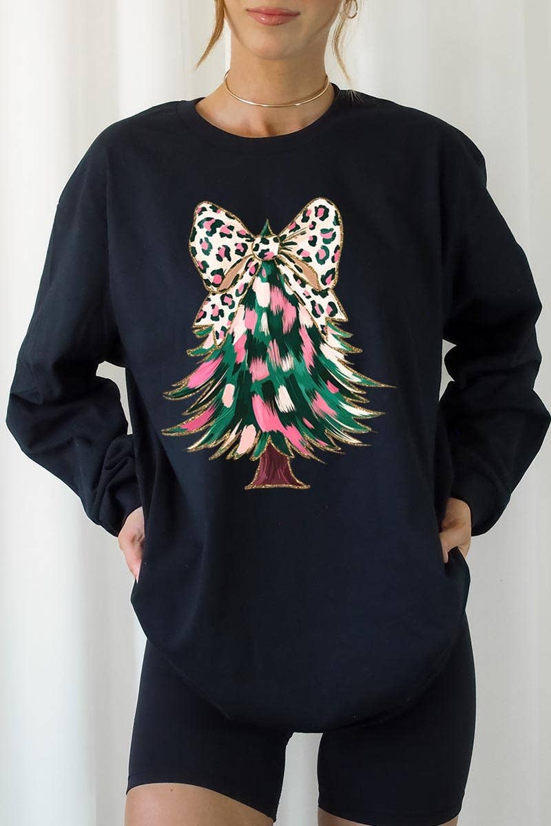 Faux Glitter Colorful Christmas Tree Animal Print Bow Tee ๐โจ๐