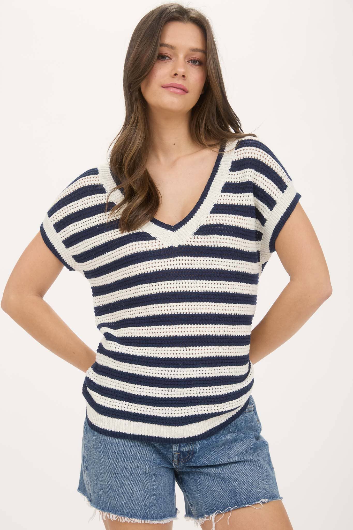 Stripe V-Neck Crochet Knit Sweater