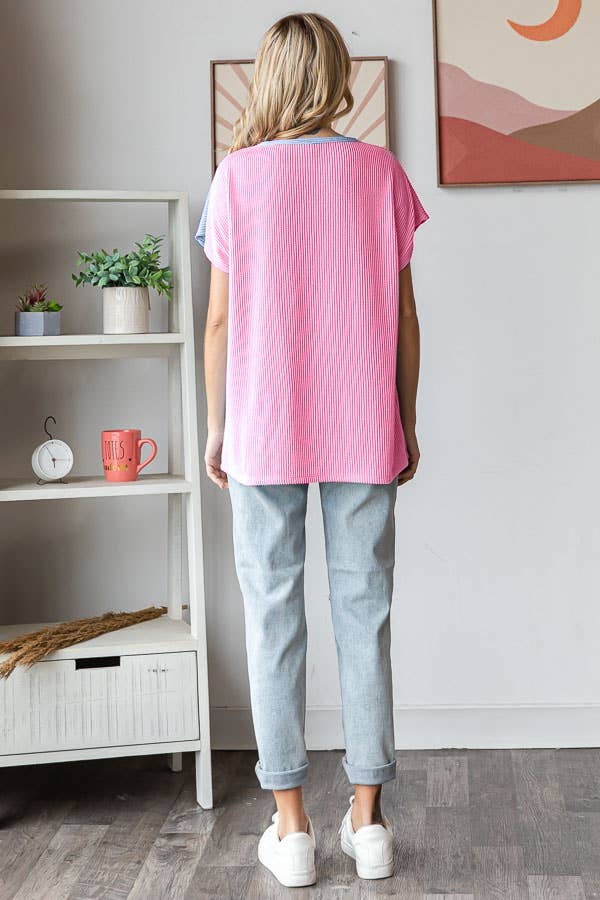 Pink Waffle Knit Colorblock Top