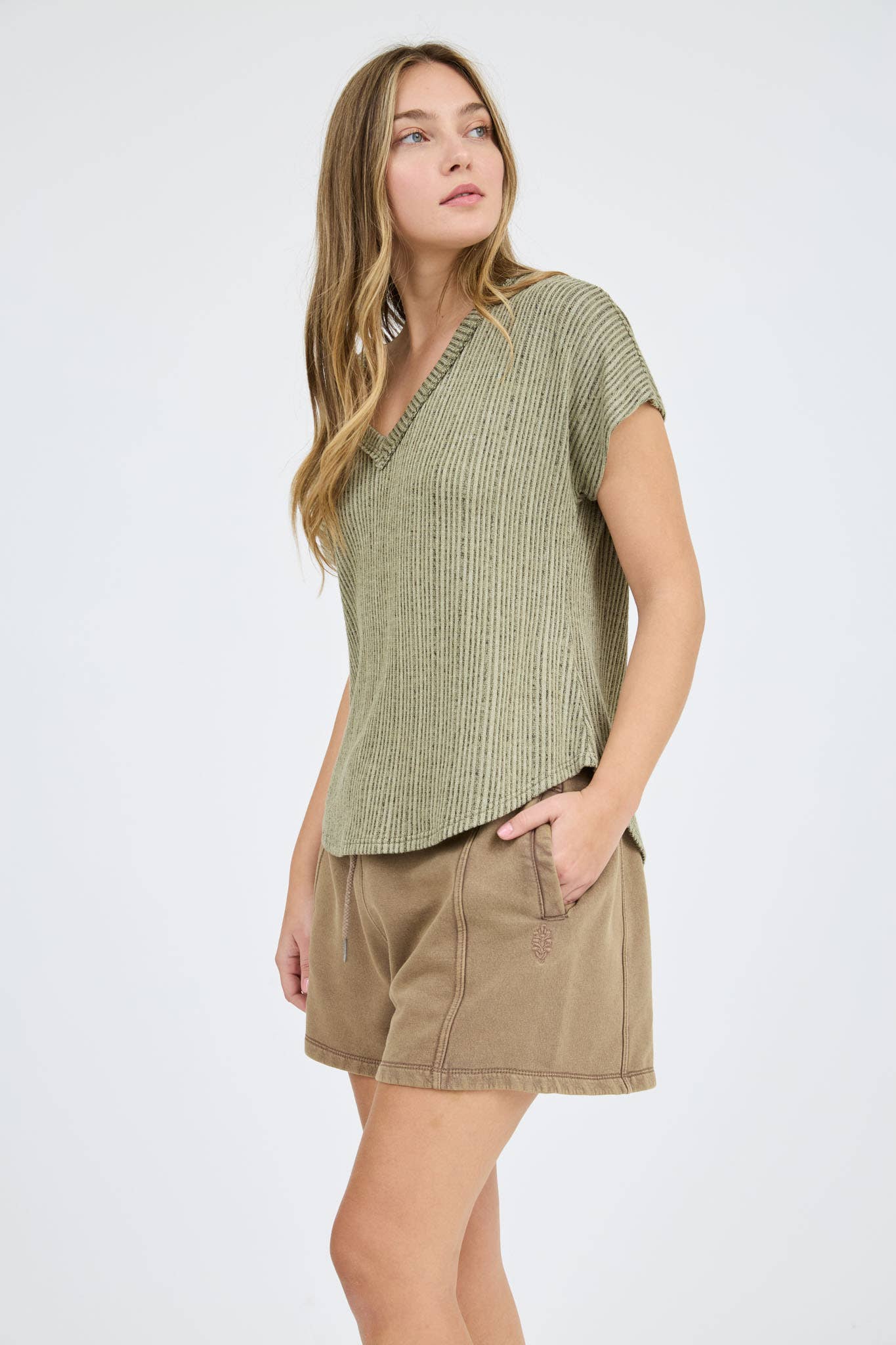 V-Neck Short Sleeve Ribbed Knit Top