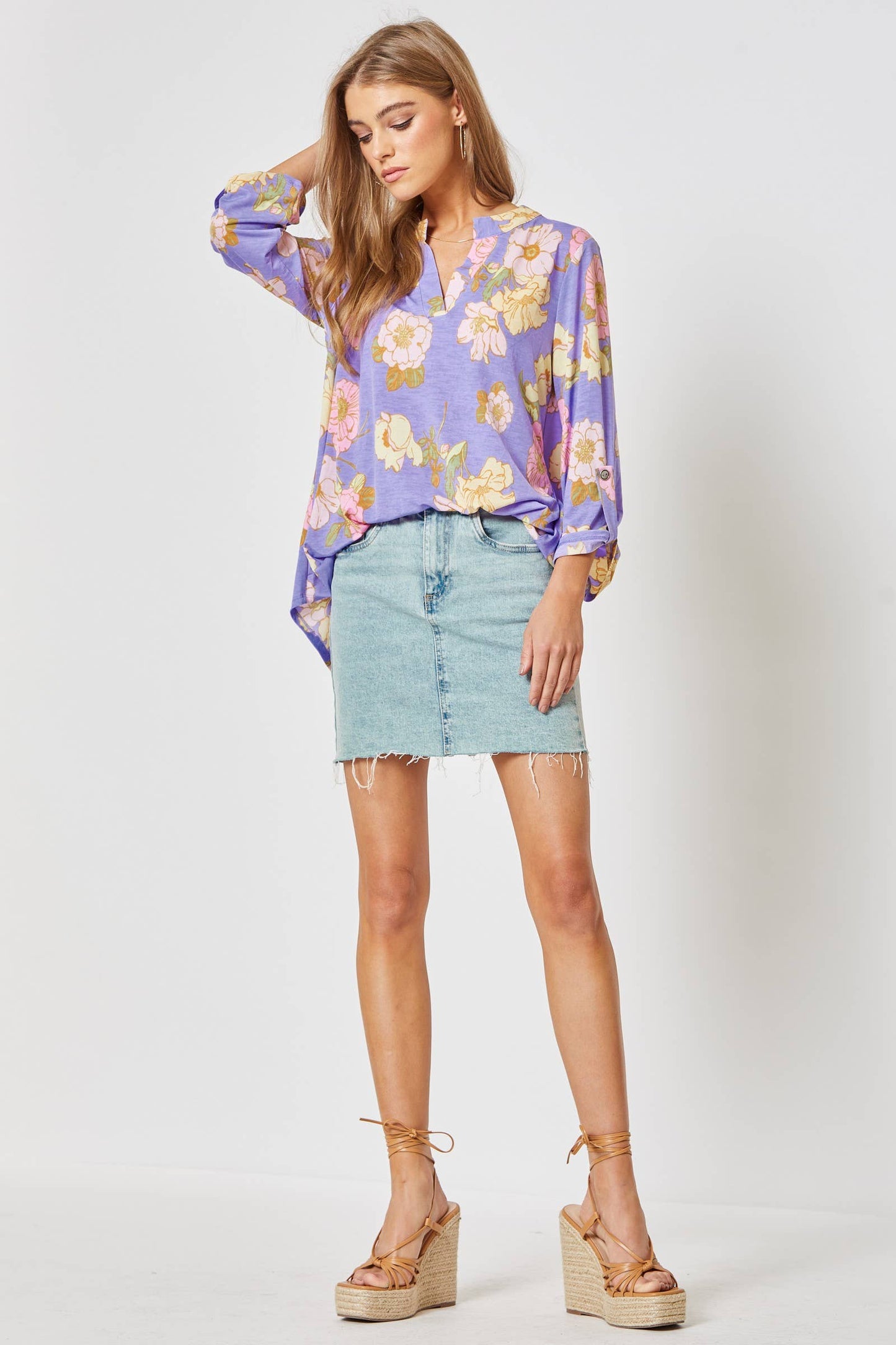 Lavender Floral 3/4 Sleeve Wrinkle-Free Top