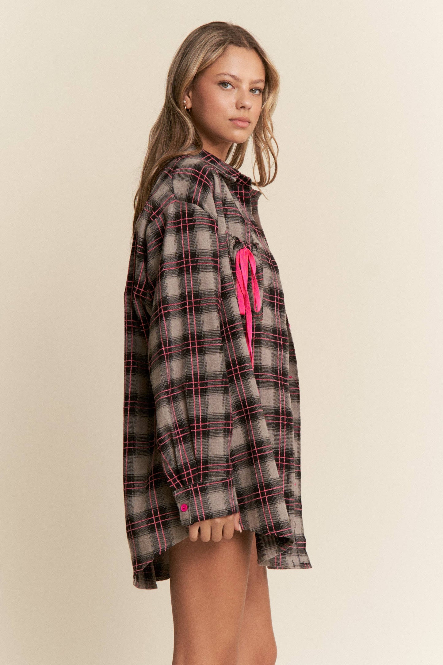 Ruched Pocket Plaid Button-Down Shirt with Ribbon Detail