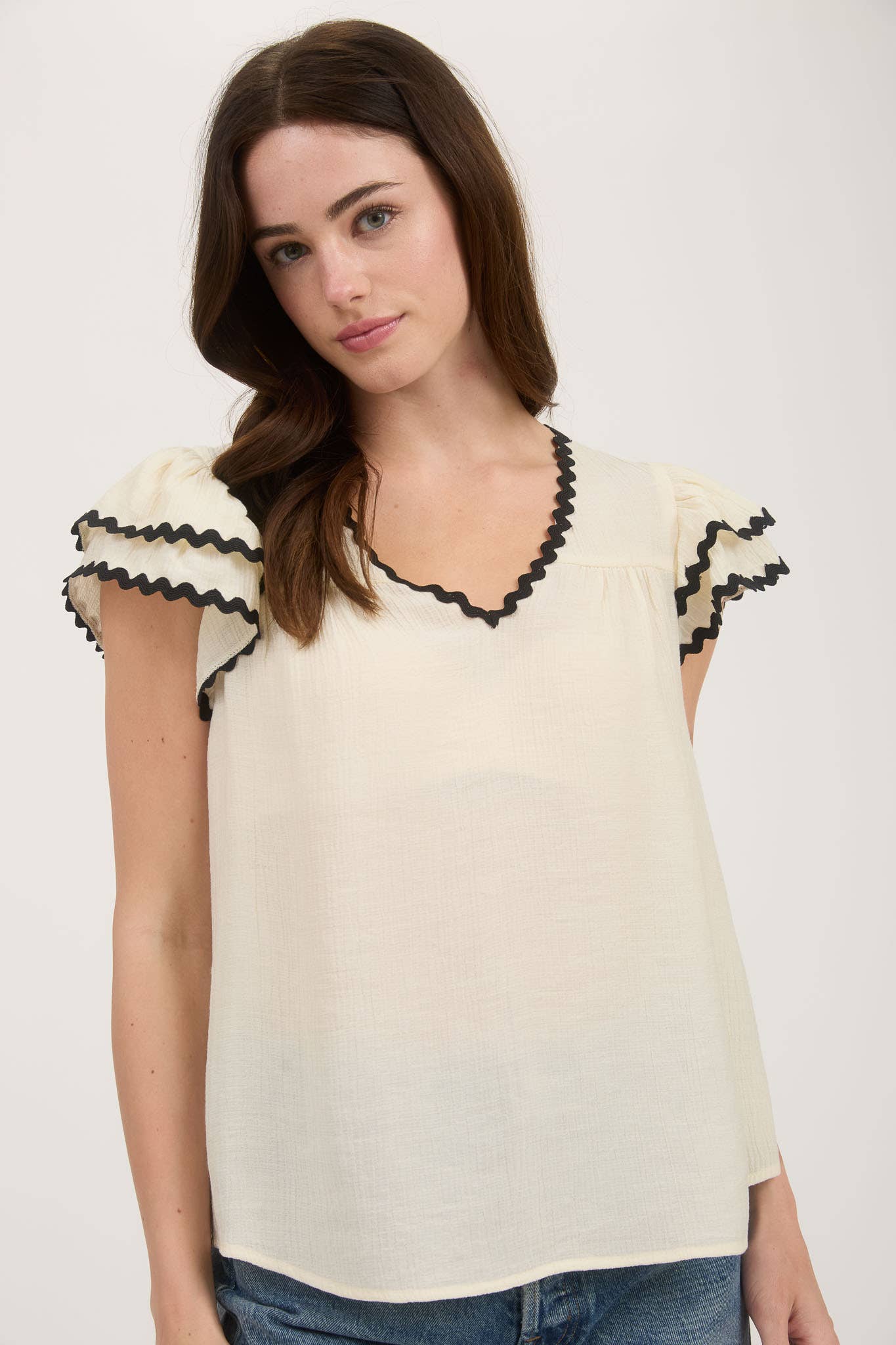 Woven Top with Short Layered Ruffle Sleeves