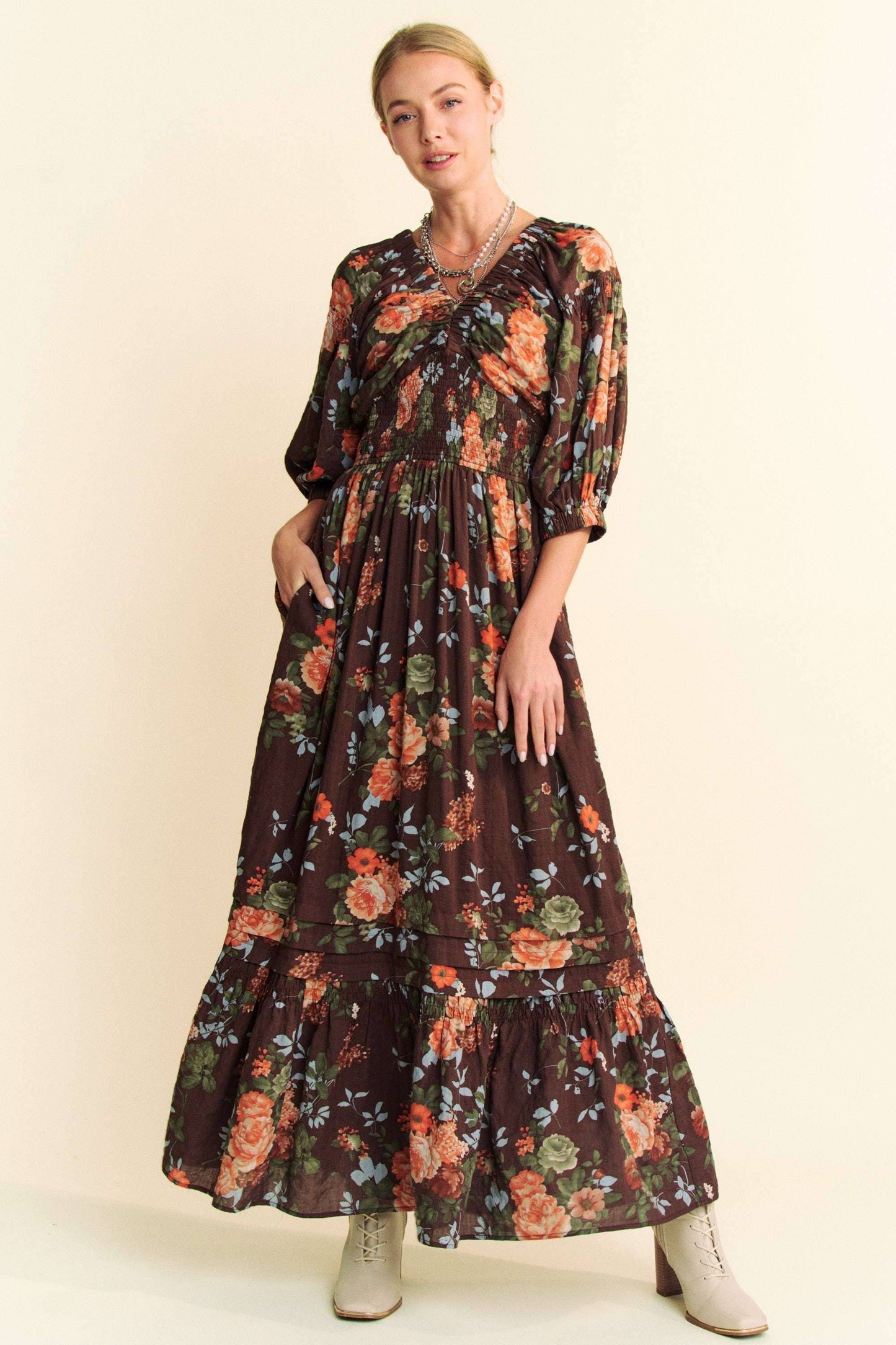 Floral Printed Smocked Waist Maxi Dress