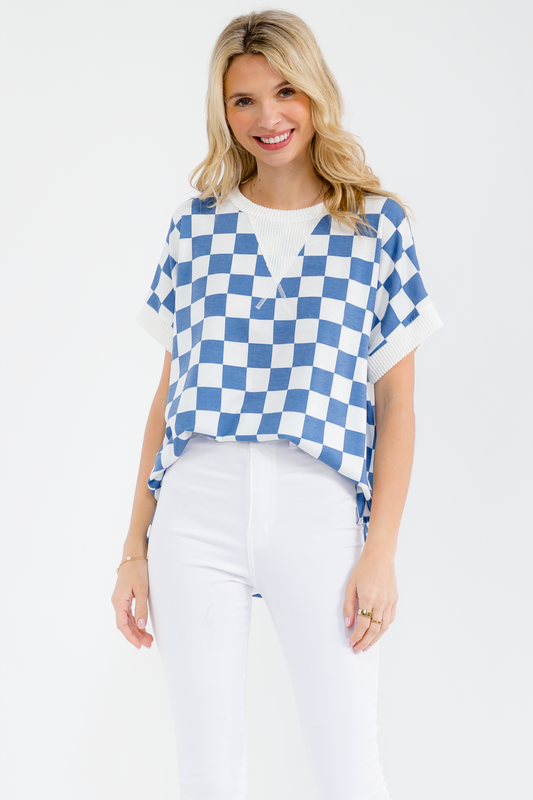 Checkerboard Split V-Neck Casual Top