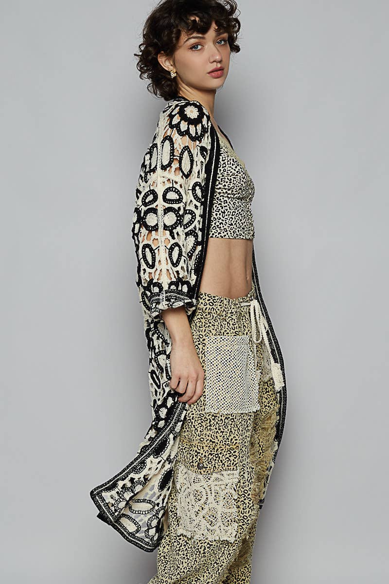 V-Neck Long Sleeve Crochet Knit Weave Cardigan