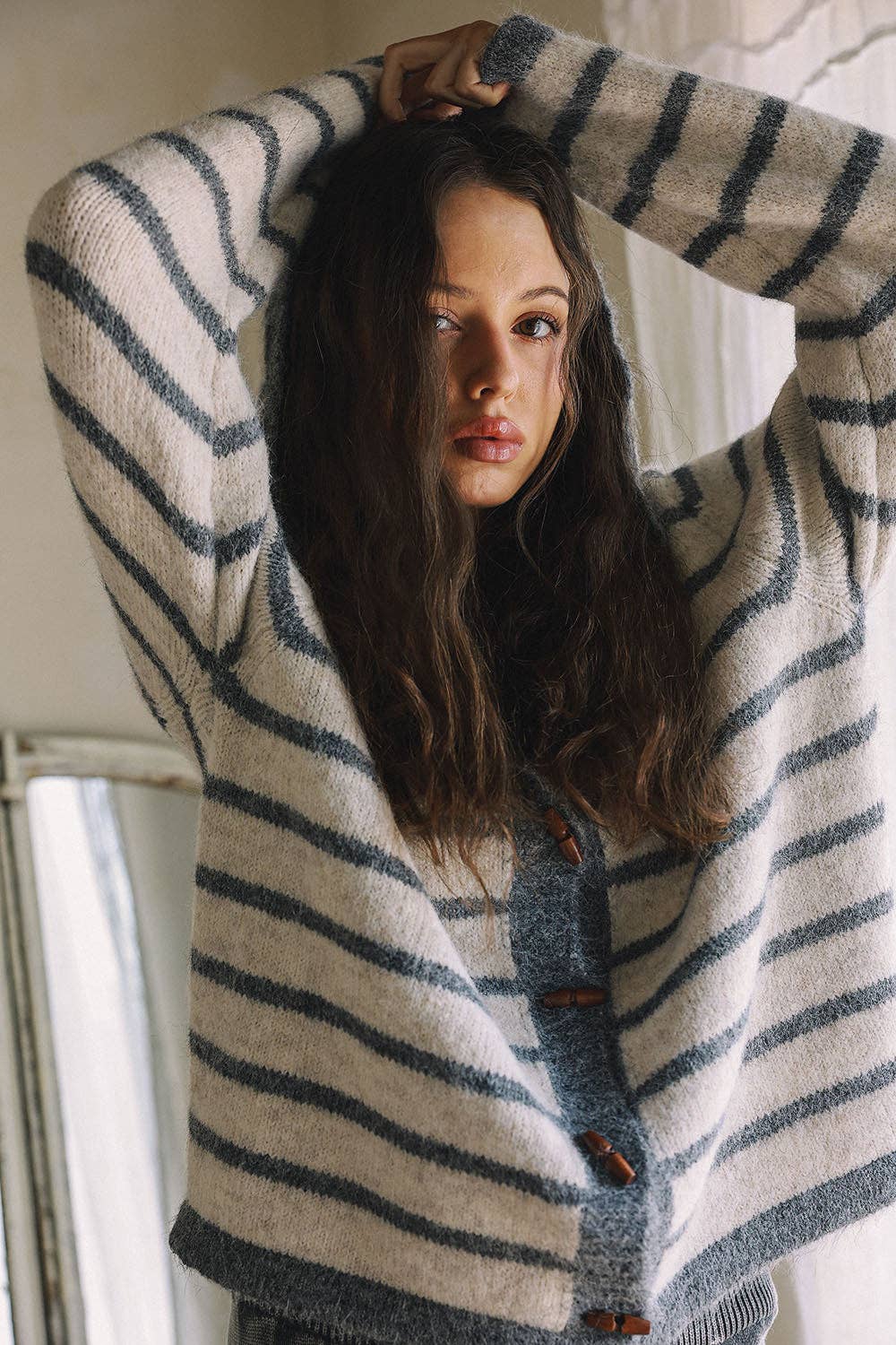 Cozy Stripe Hooded Toggle Cardigan