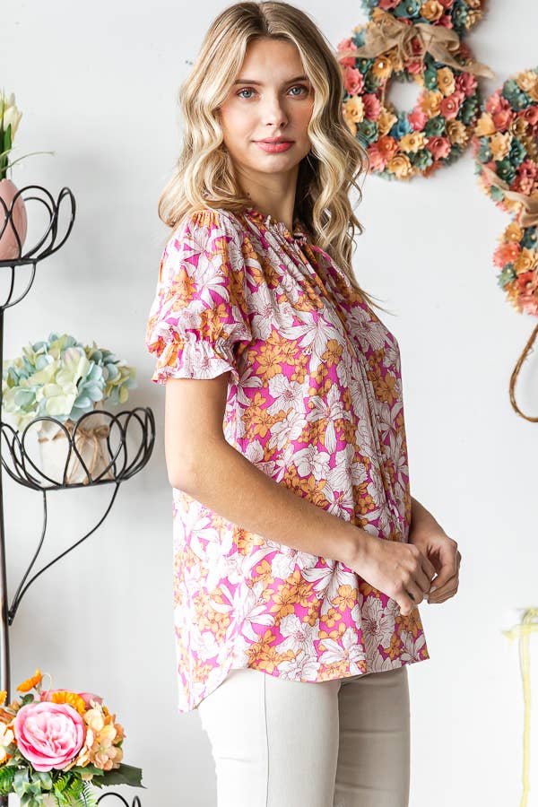 Floral Ruffle Neck Top